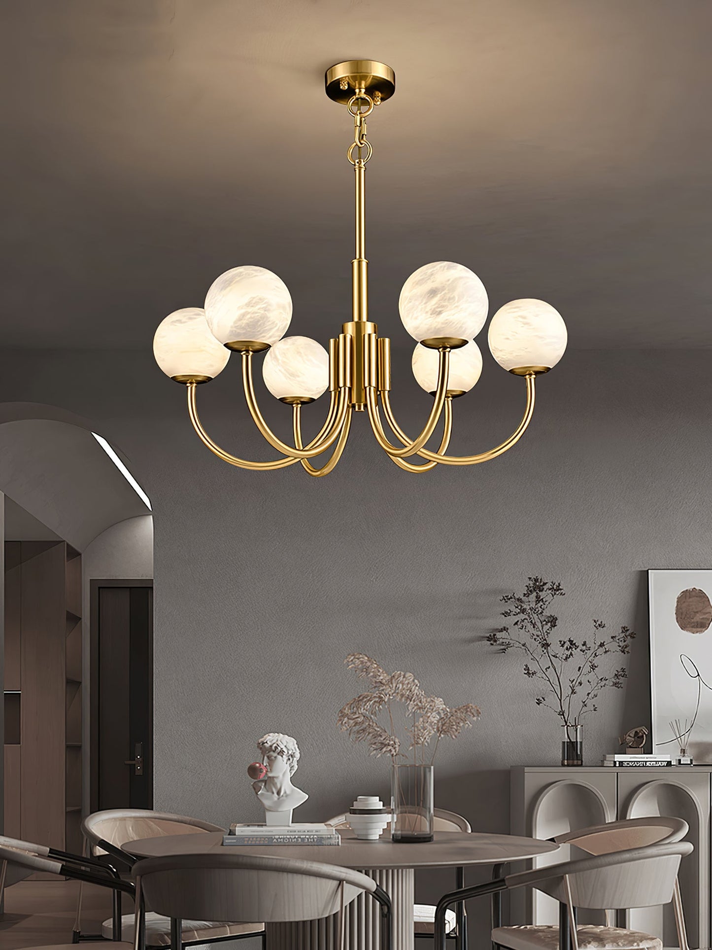 Aurelian Alabaster Globe Chandelier | Luxury Brass & Natural Stone Pendant