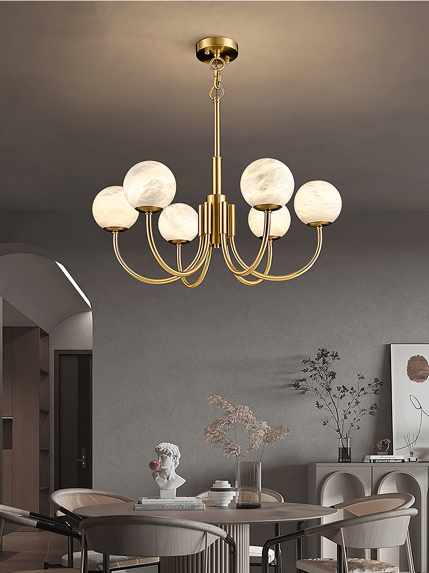 Aurelian Alabaster Globe Chandelier | Luxury Brass & Natural Stone Pendant