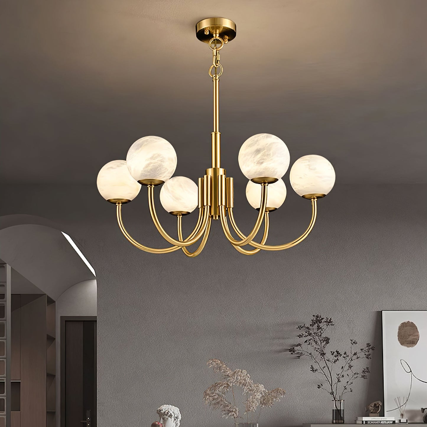 Aurelian Alabaster Globe Chandelier | Luxury Brass & Natural Stone Pendant