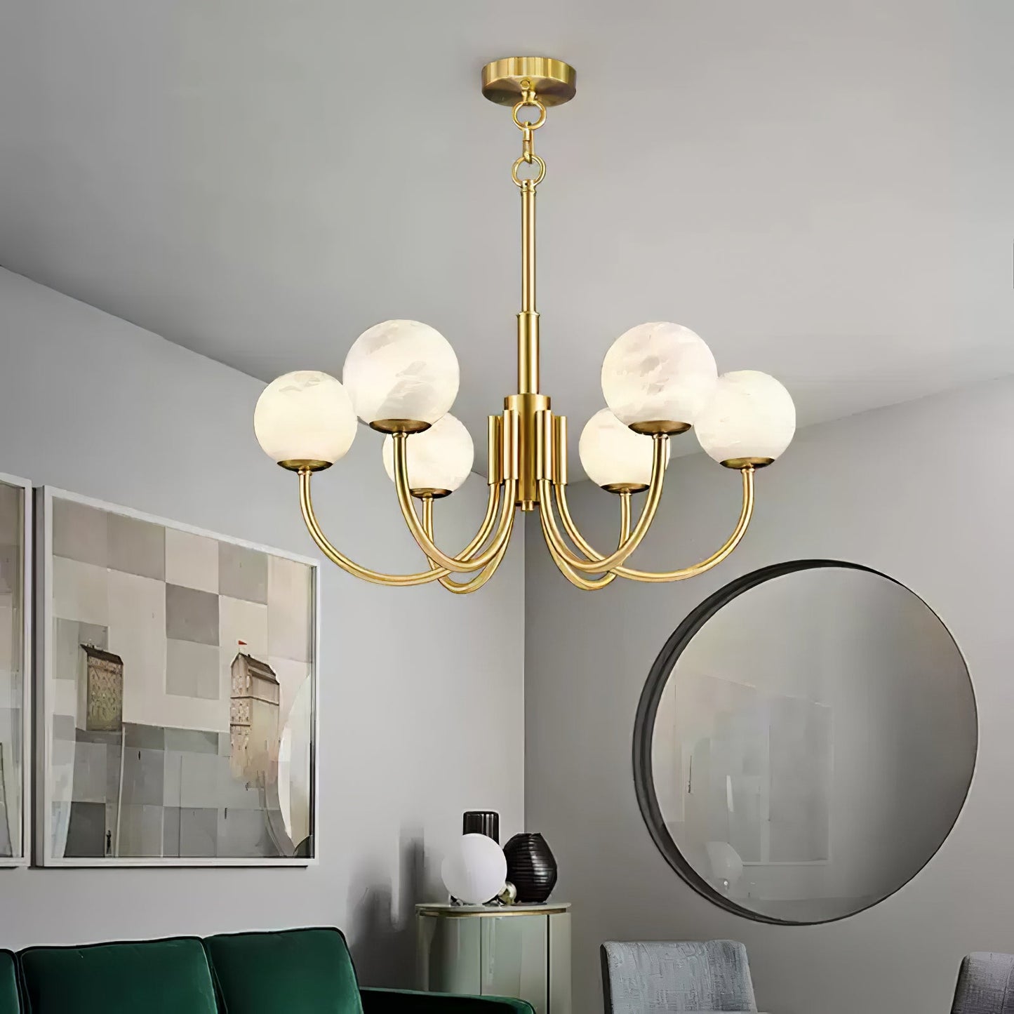 Aurelian Alabaster Globe Chandelier | Luxury Brass & Natural Stone Pendant