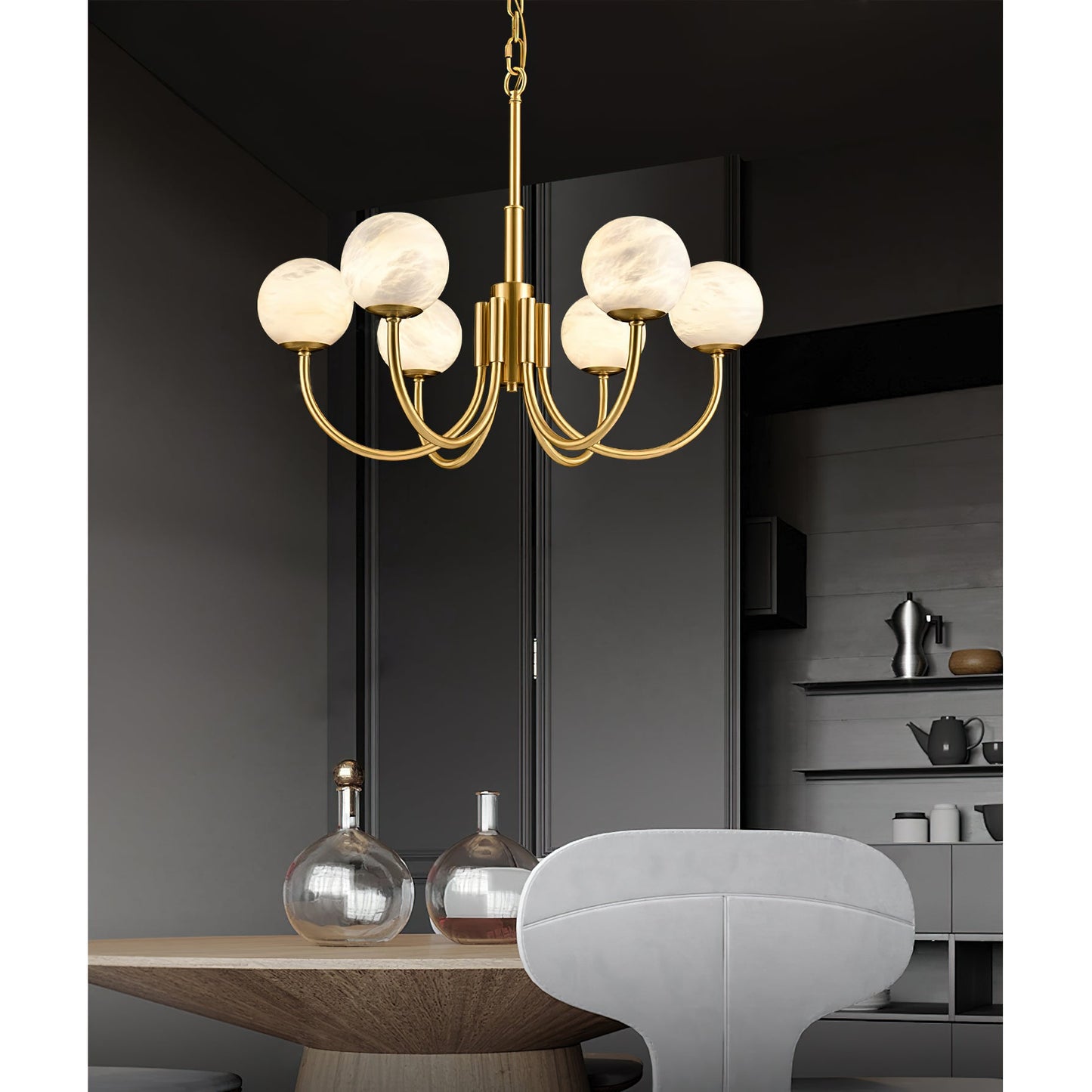 Aurelian Alabaster Globe Chandelier | Luxury Brass & Natural Stone Pendant