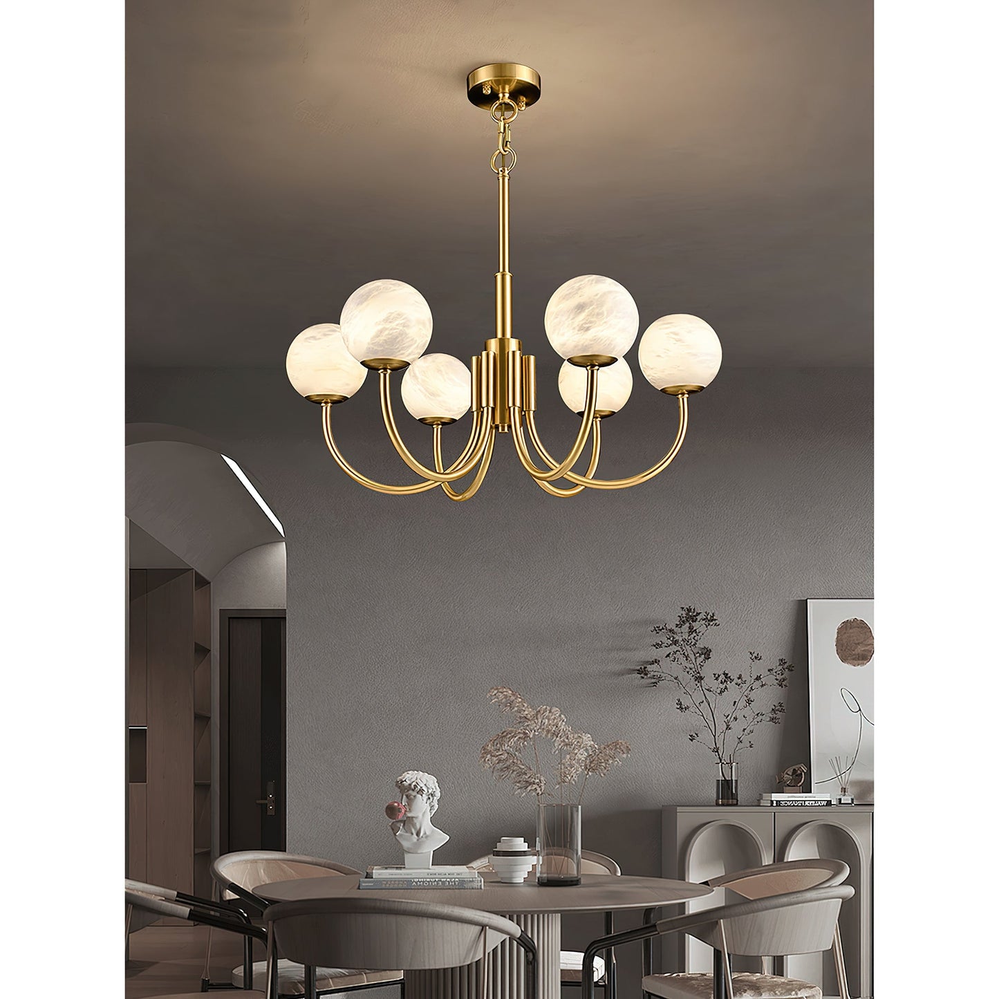 Aurelian Alabaster Globe Chandelier | Luxury Brass & Natural Stone Pendant