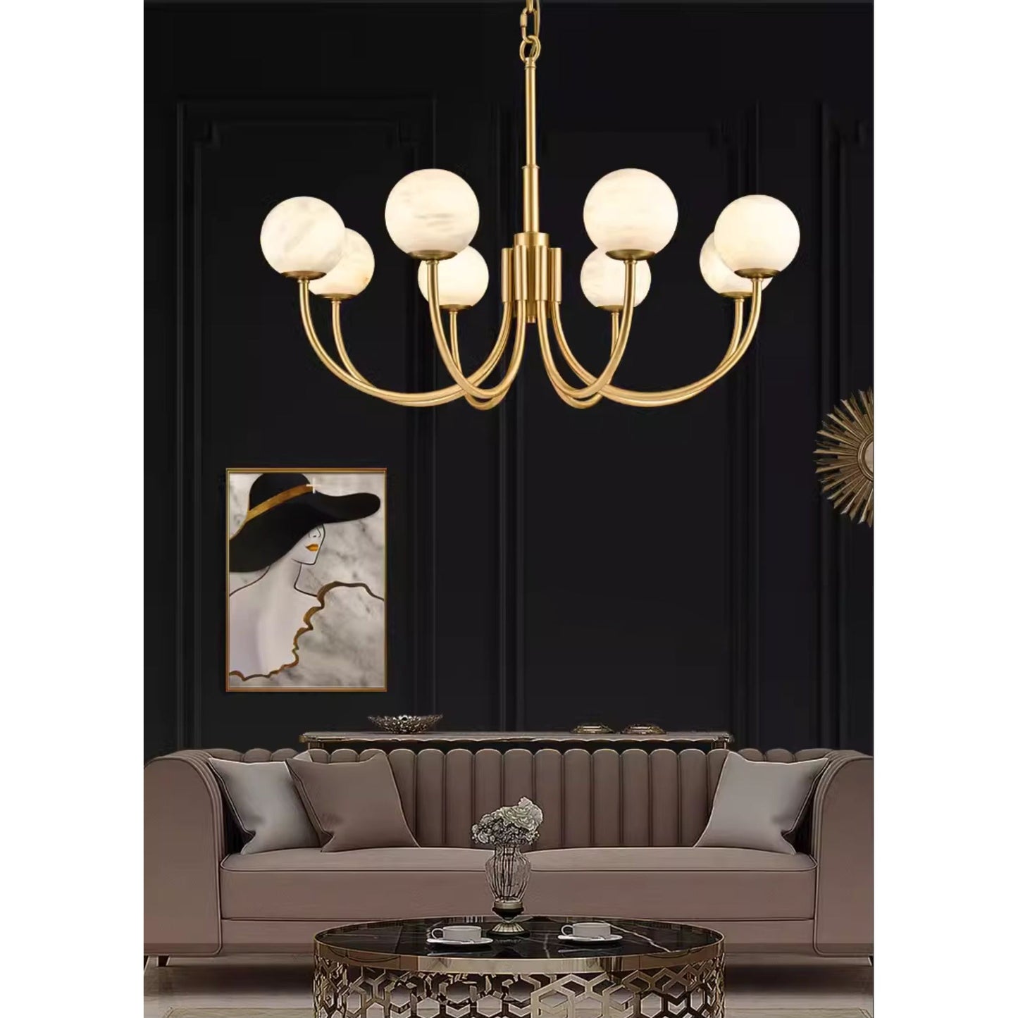 Aurelian Alabaster Globe Chandelier | Luxury Brass & Natural Stone Pendant