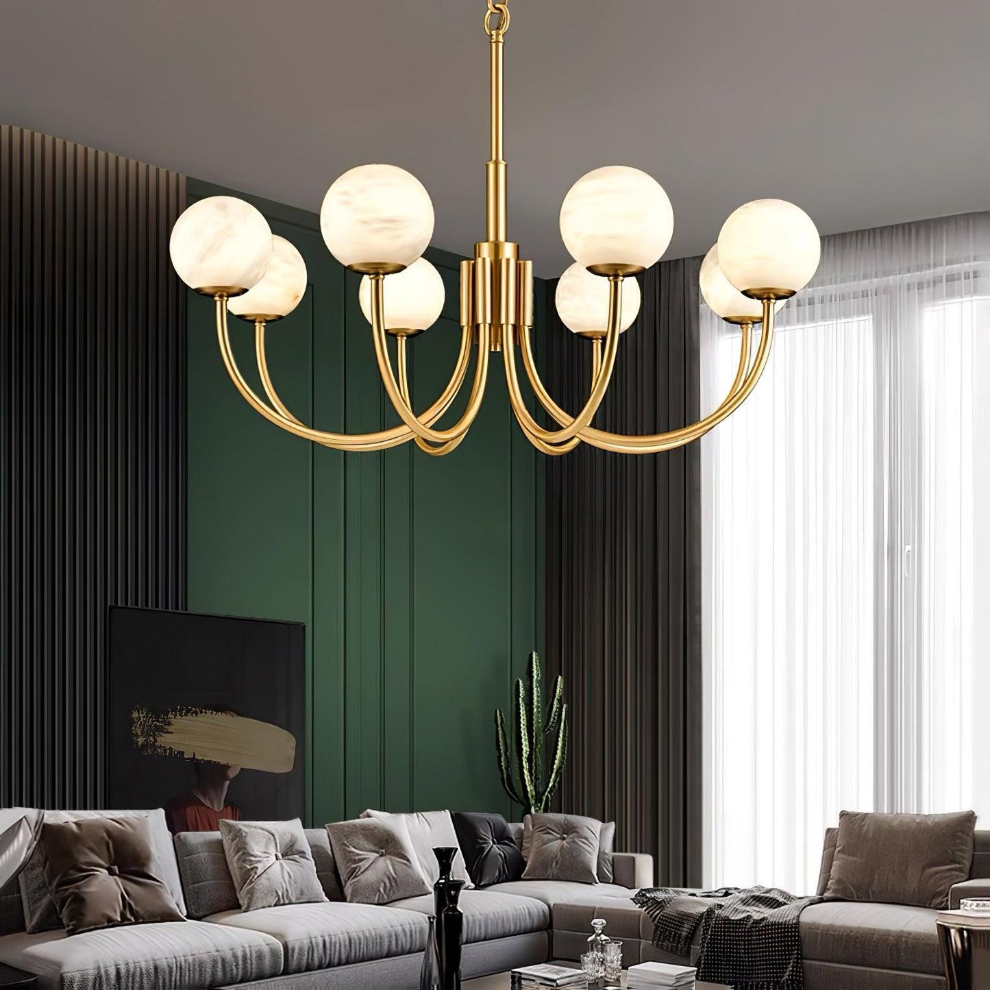 Aurelian Alabaster Globe Chandelier | Luxury Brass & Natural Stone Pendant