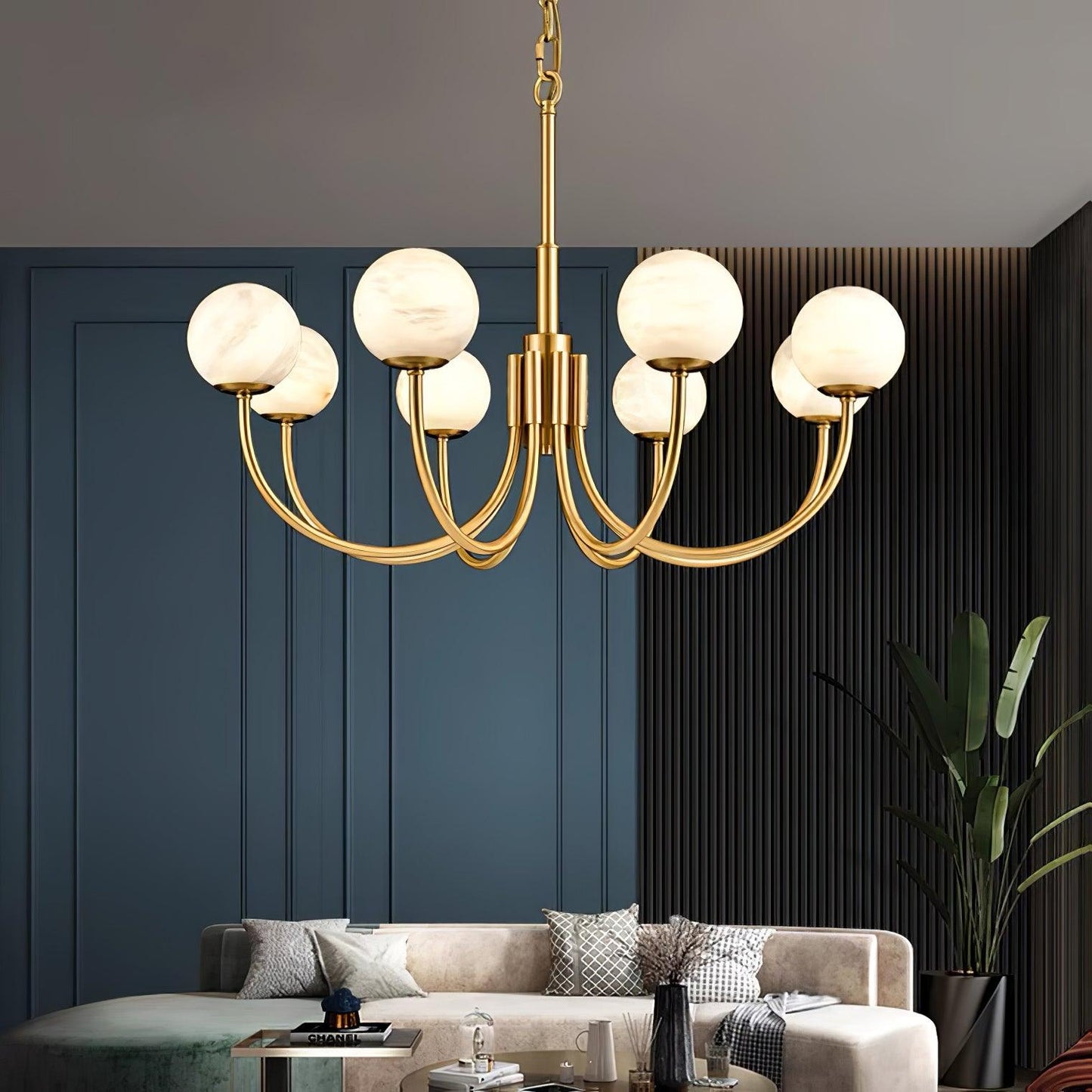 Aurelian Alabaster Globe Chandelier | Luxury Brass & Natural Stone Pendant