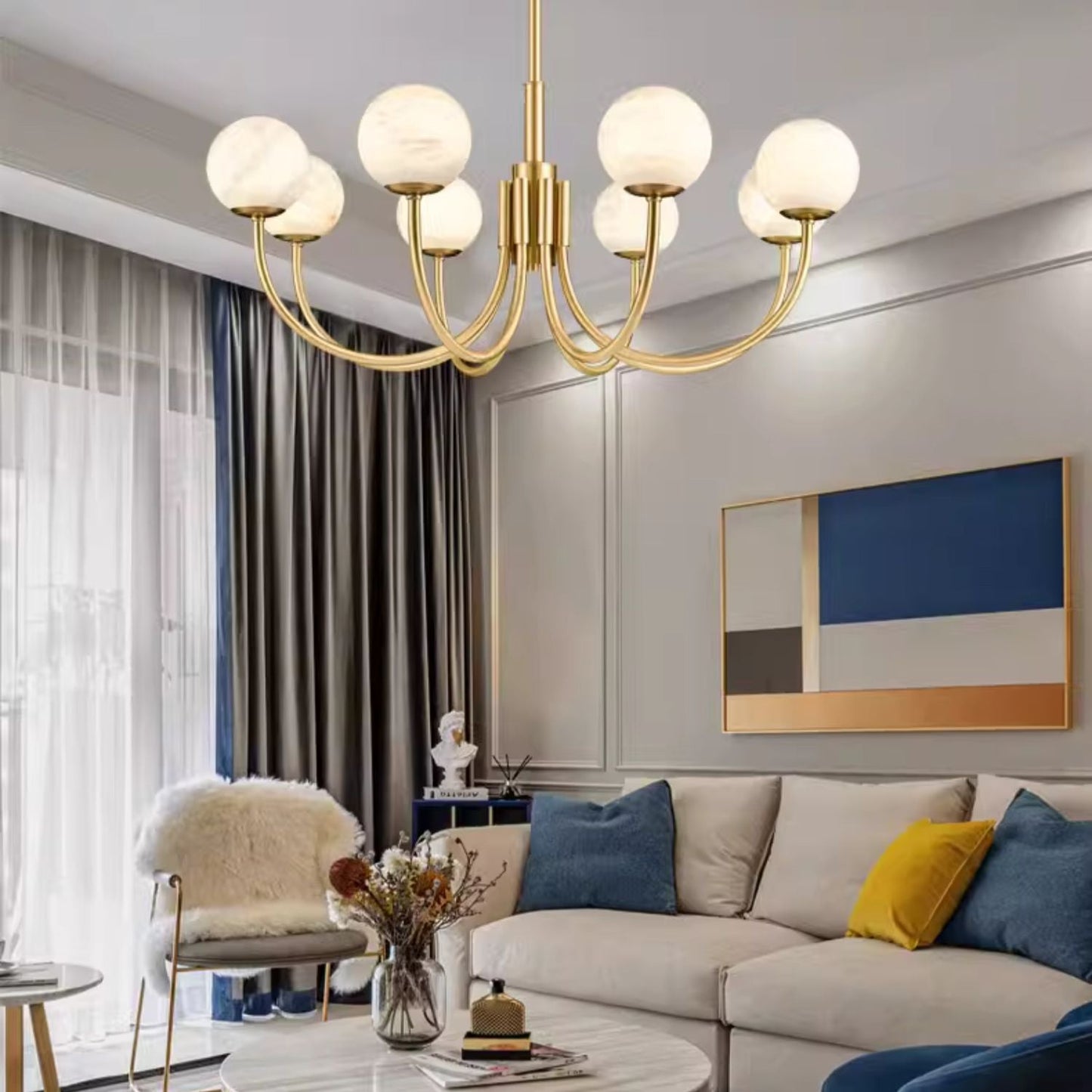 Aurelian Alabaster Globe Chandelier | Luxury Brass & Natural Stone Pendant