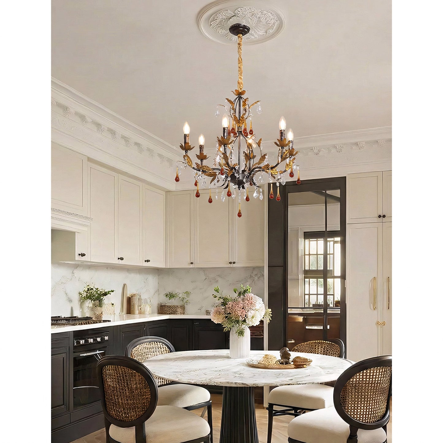 Aureline Vine Chandelier | Handcrafted Metal Leaf & Amber Crystal Pendant