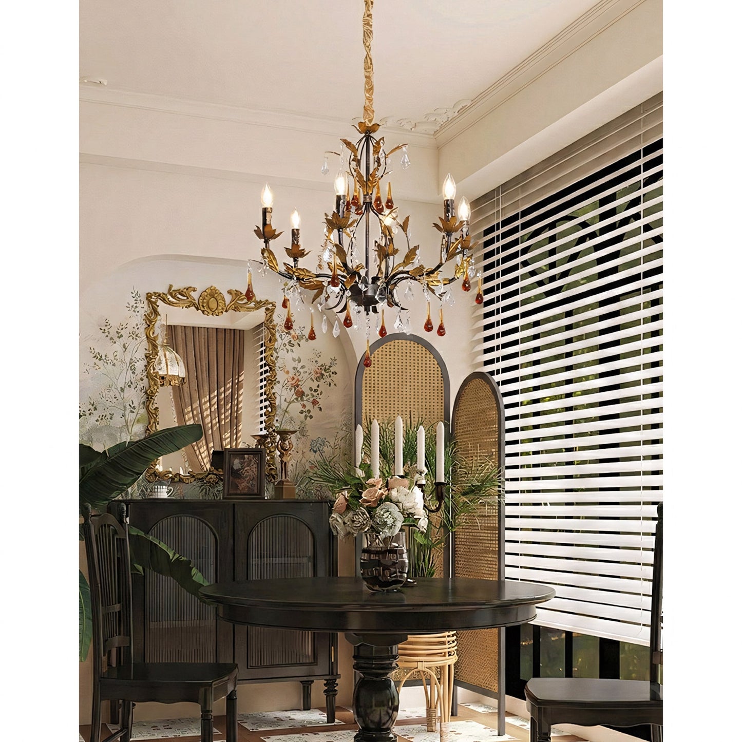 Aureline Vine Chandelier | Handcrafted Metal Leaf & Amber Crystal Pendant