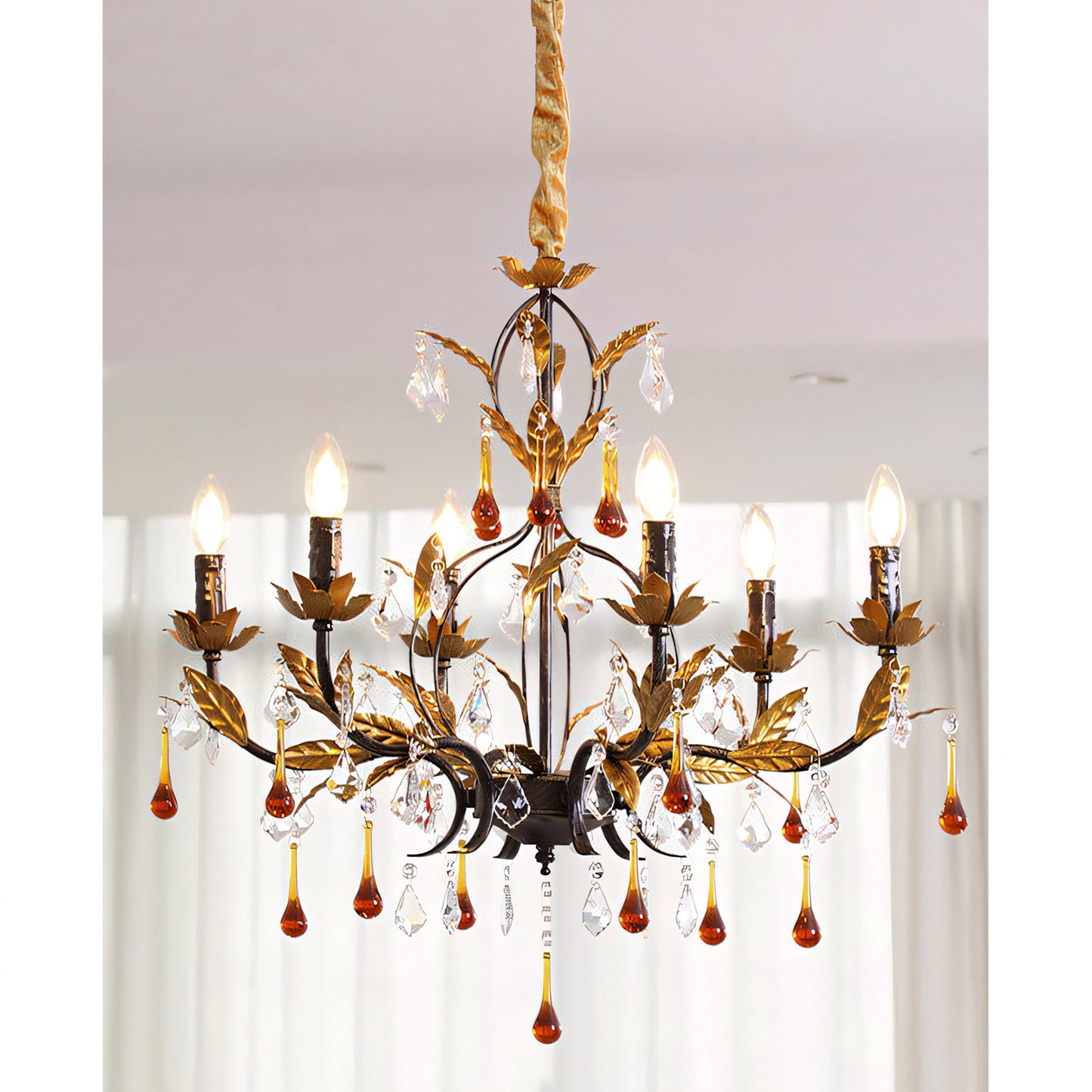 Aureline Vine Chandelier | Handcrafted Metal Leaf & Amber Crystal Pendant