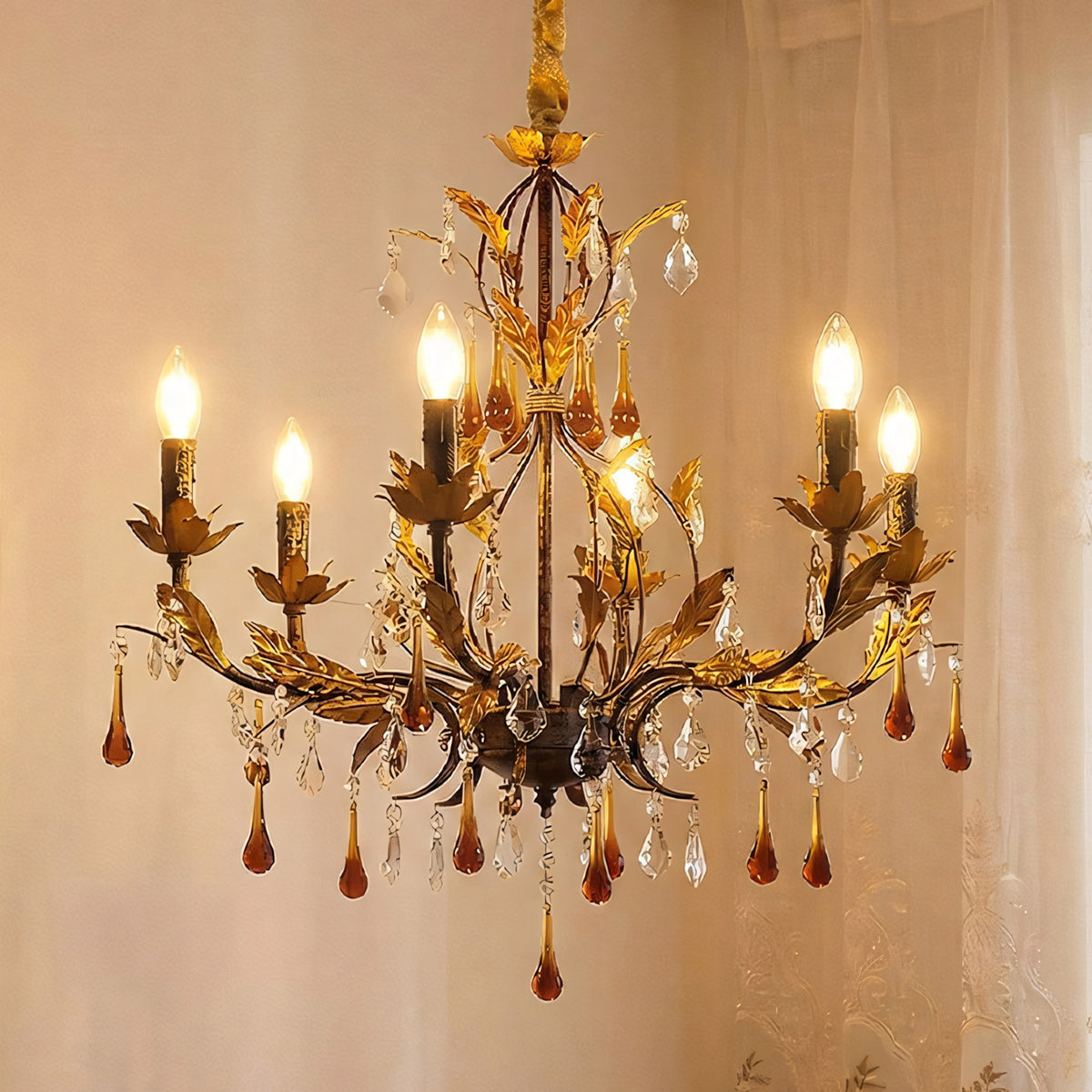 Aureline Vine Chandelier | Handcrafted Metal Leaf & Amber Crystal Pendant