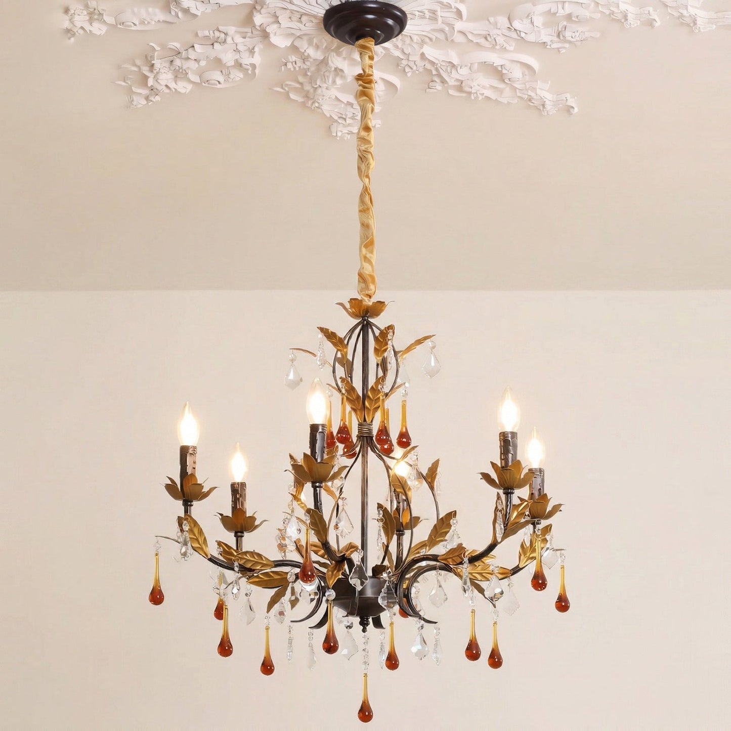 Aureline Vine Chandelier | Handcrafted Metal Leaf & Amber Crystal Pendant