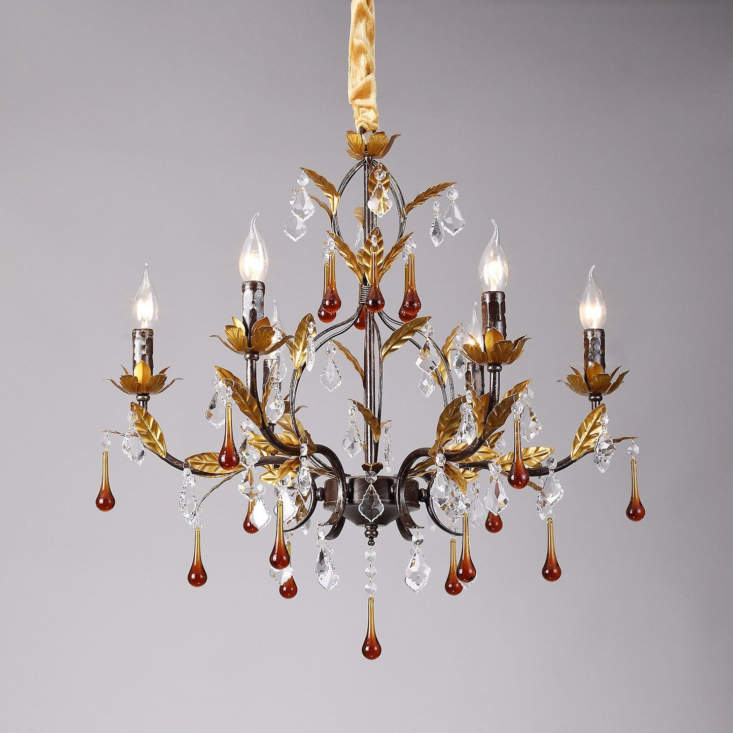 Aureline Vine Chandelier | Handcrafted Metal Leaf & Amber Crystal Pendant