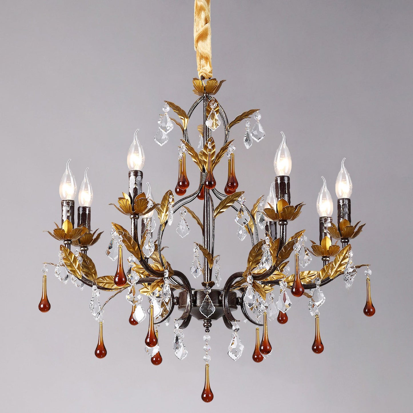 Aureline Vine Chandelier | Handcrafted Metal Leaf & Amber Crystal Pendant