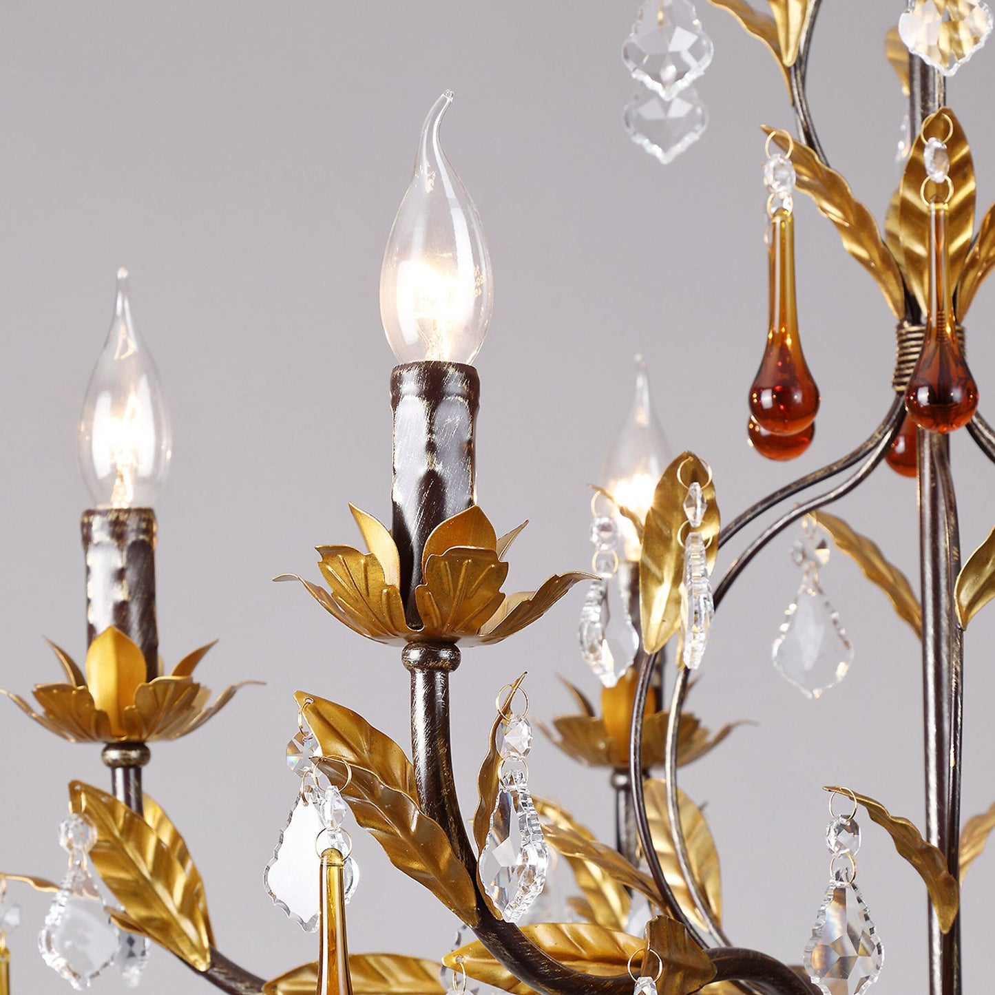Aureline Vine Chandelier | Handcrafted Metal Leaf & Amber Crystal Pendant