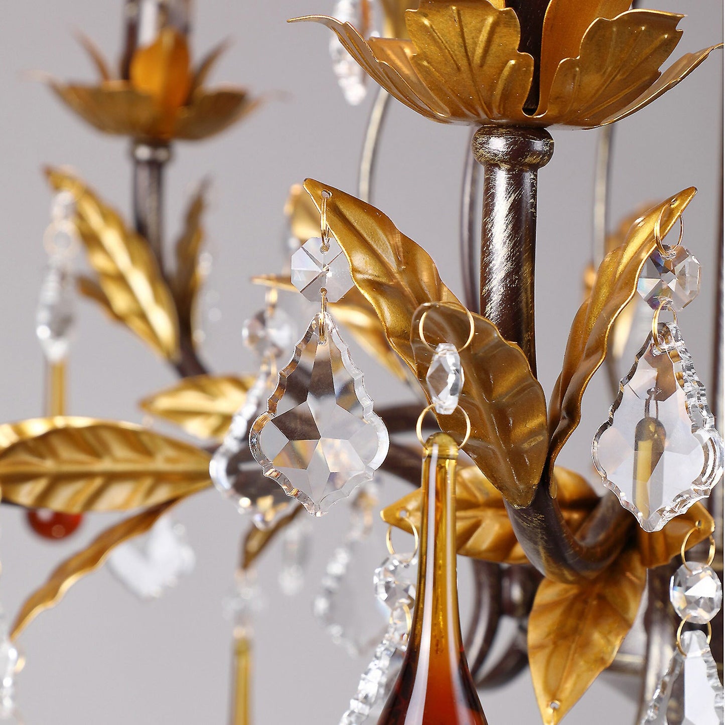Aureline Vine Chandelier | Handcrafted Metal Leaf & Amber Crystal Pendant