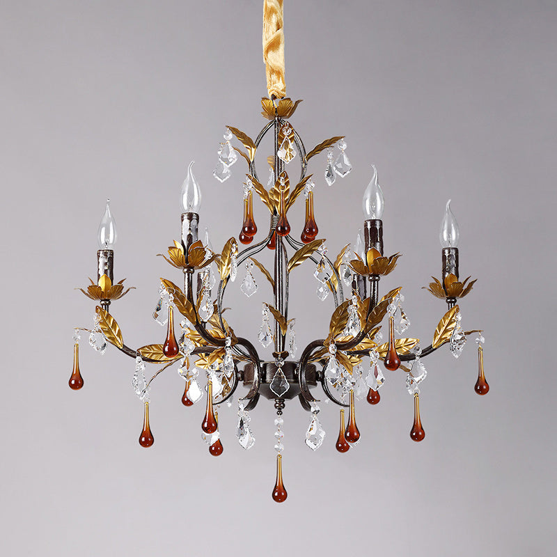 Aureline Vine Chandelier | Handcrafted Metal Leaf & Amber Crystal Pendant