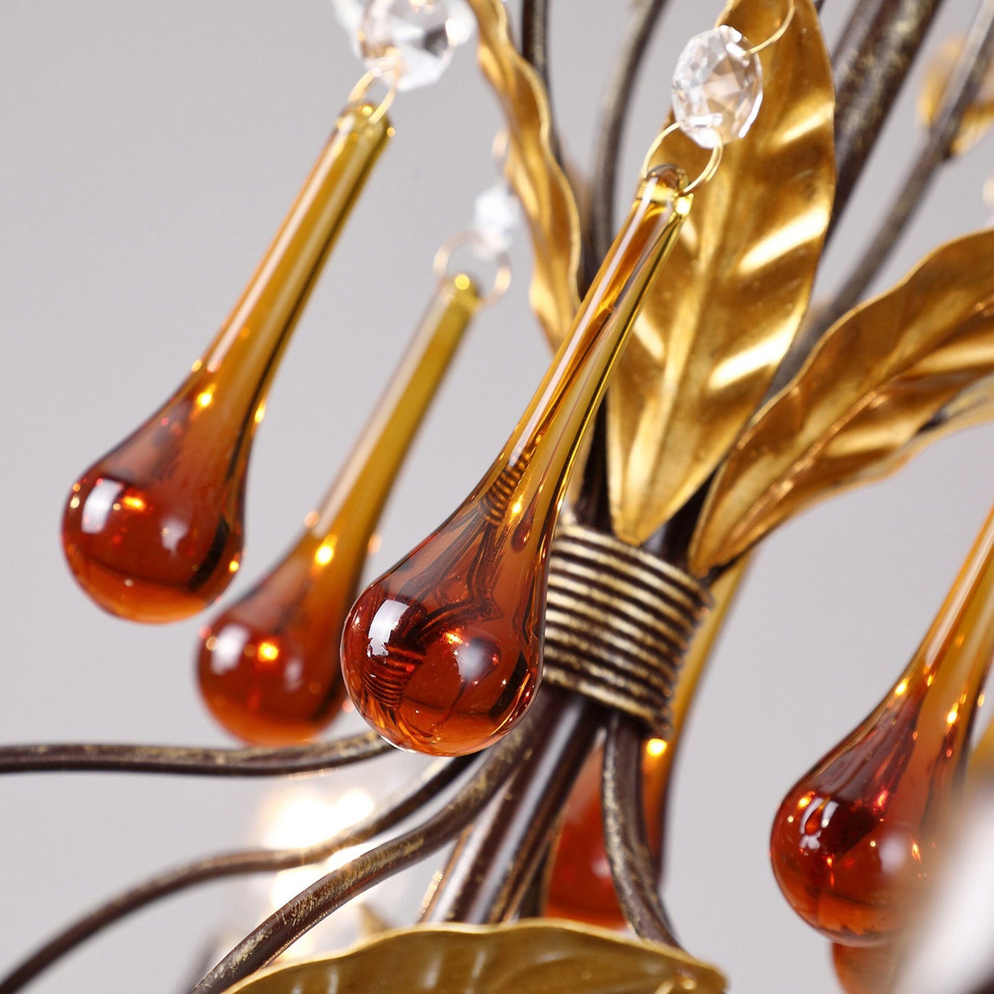 Aureline Vine Chandelier | Handcrafted Metal Leaf & Amber Crystal Pendant