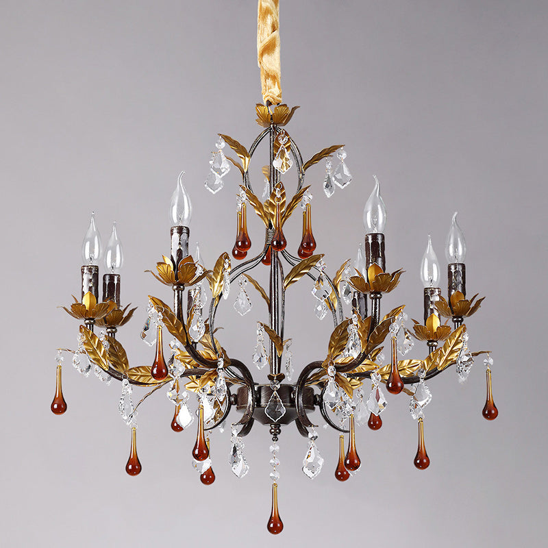 Aureline Vine Chandelier | Handcrafted Metal Leaf & Amber Crystal Pendant