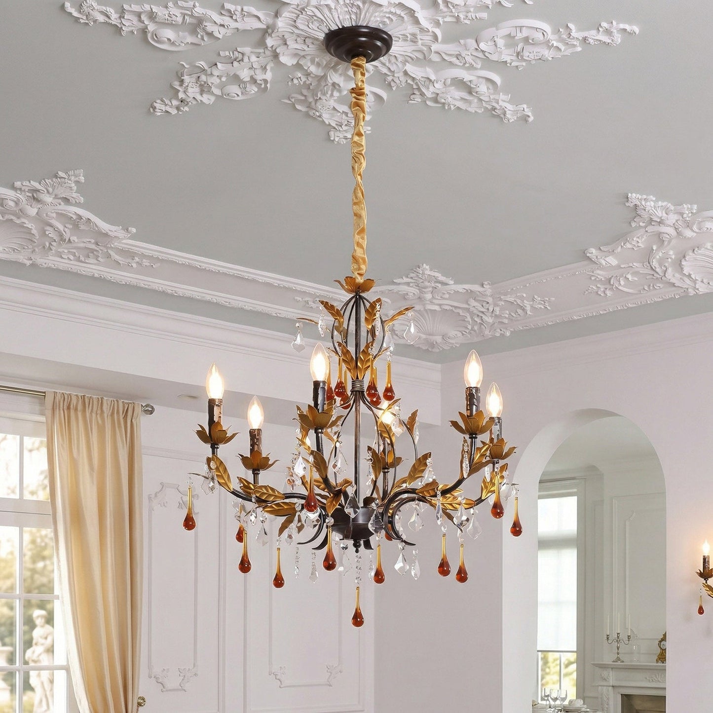 Aureline Vine Chandelier | Handcrafted Metal Leaf & Amber Crystal Pendant