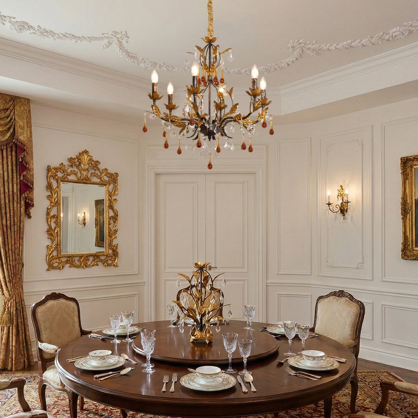 Aureline Vine Chandelier | Handcrafted Metal Leaf & Amber Crystal Pendant