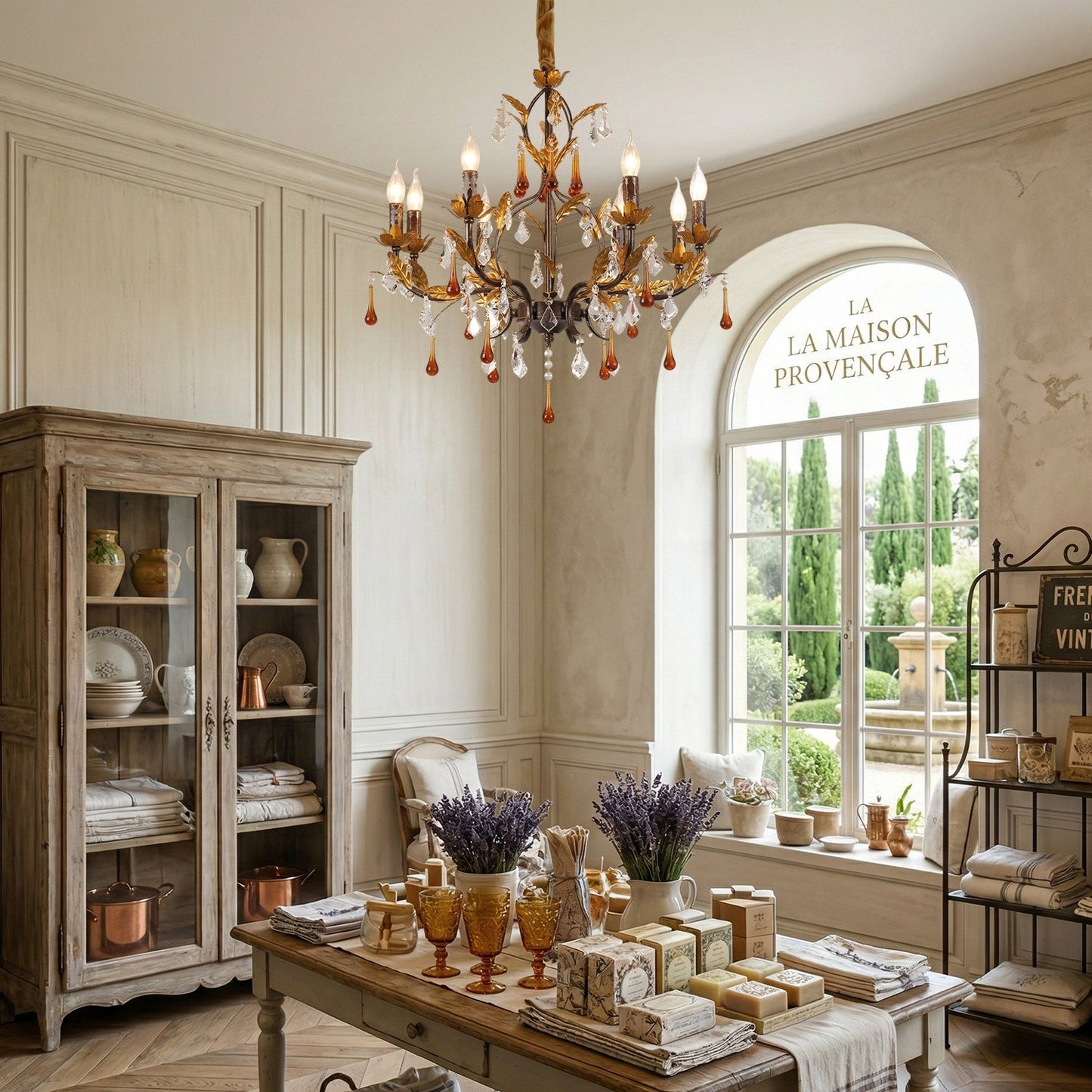 Aureline Vine Chandelier | Handcrafted Metal Leaf & Amber Crystal Pendant