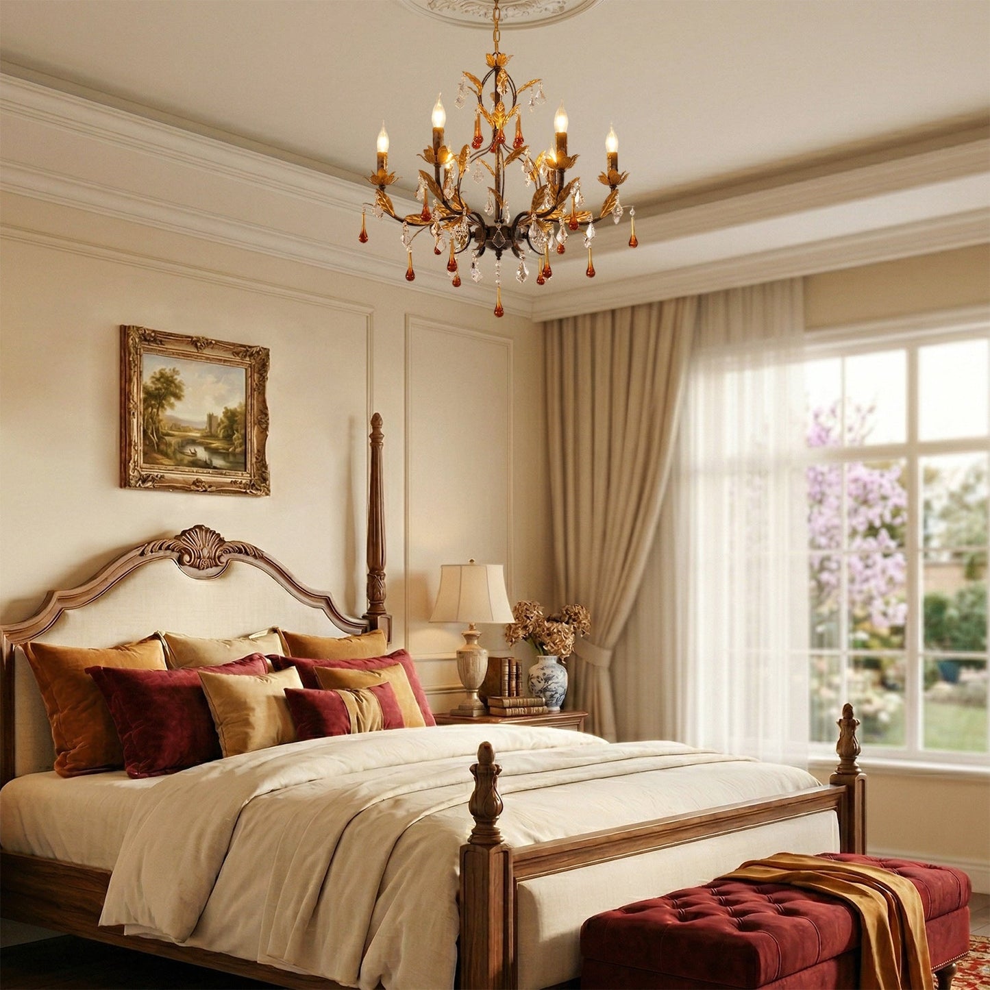 Aureline Vine Chandelier | Handcrafted Metal Leaf & Amber Crystal Pendant