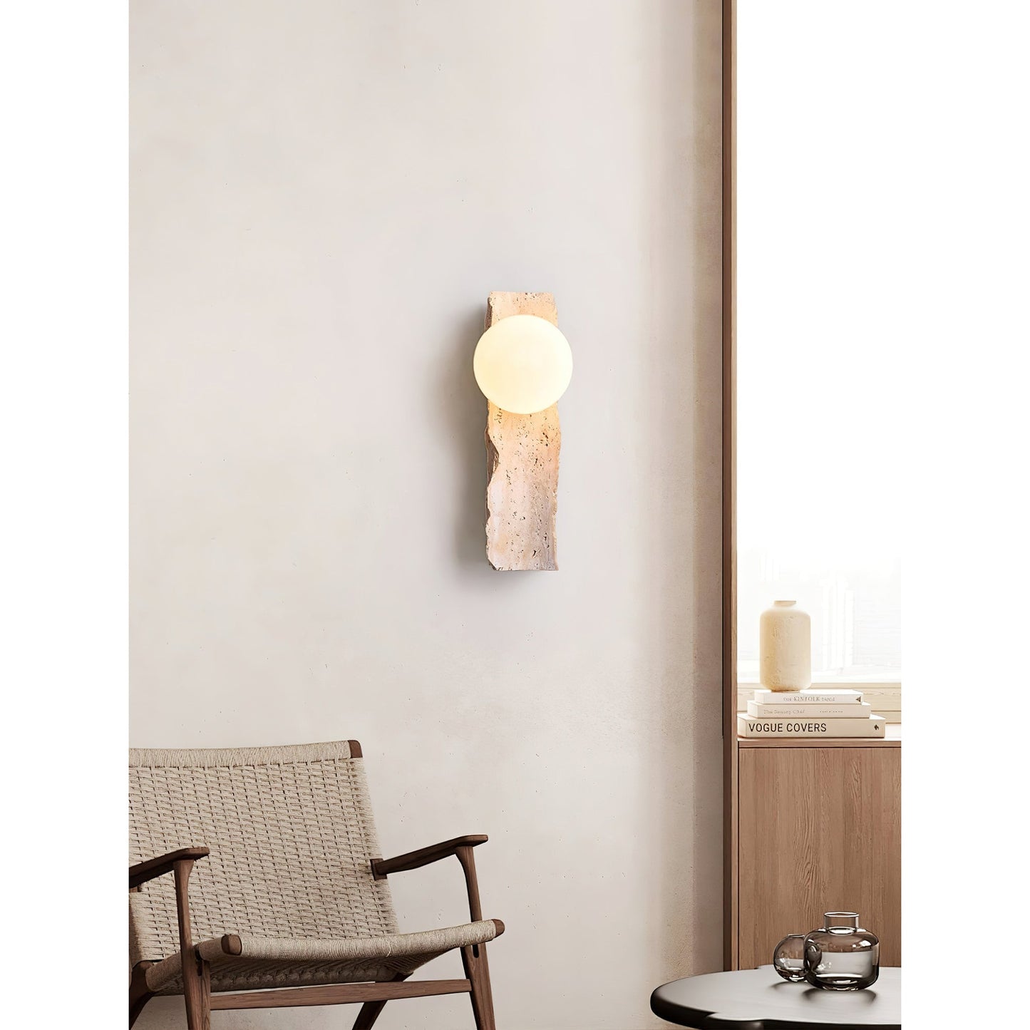 Aureum Wall Lamp | Modern Minimalist Yellow Travertine & Glass Globe Sconce