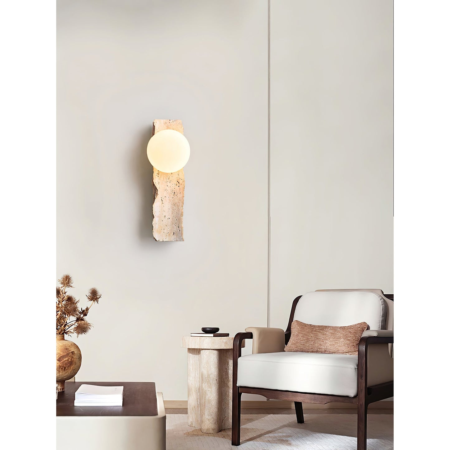 Aureum Wall Lamp | Modern Minimalist Yellow Travertine & Glass Globe Sconce