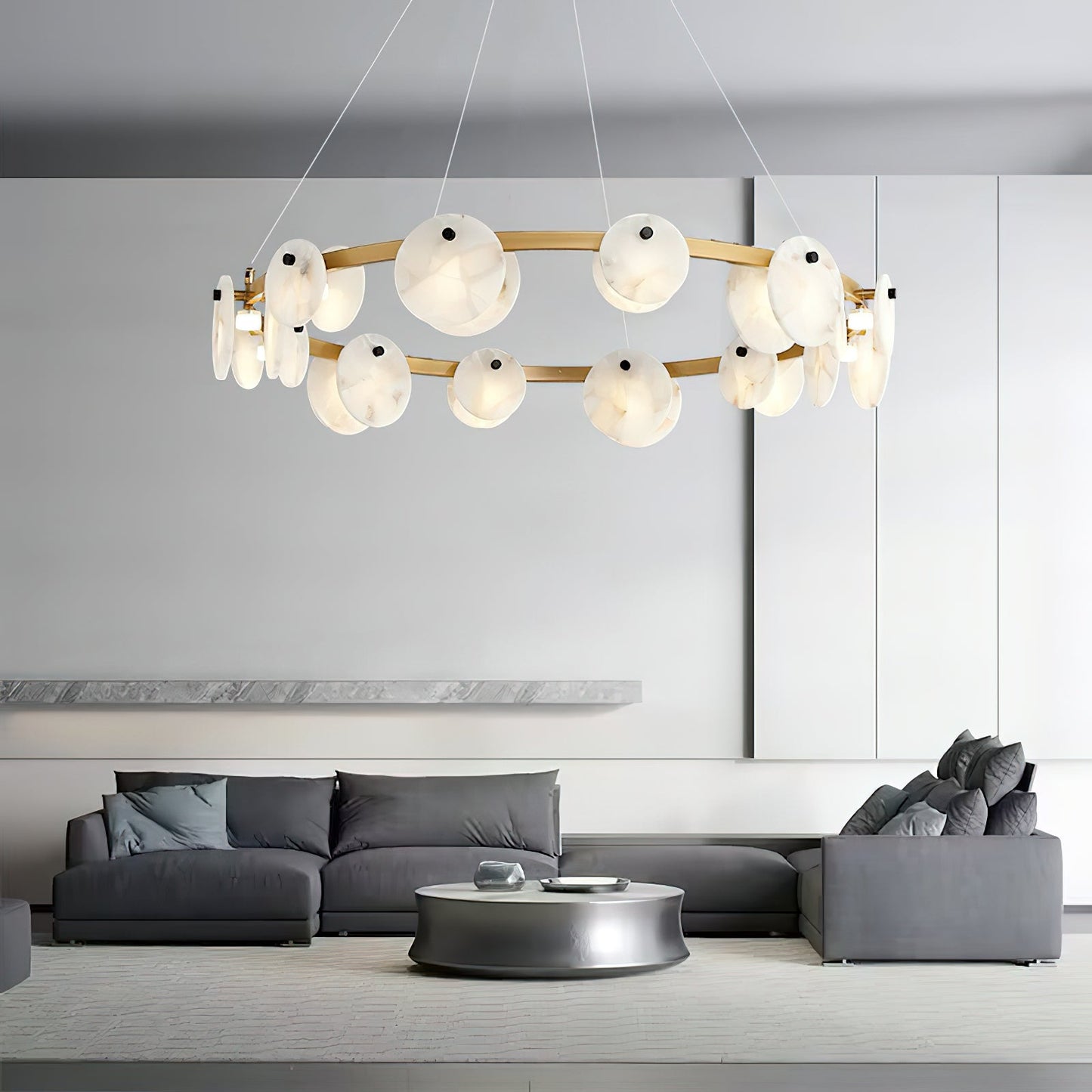 Austen Chandelier | Modern Minimalist Brass & Natural Alabaster Disc Pendant