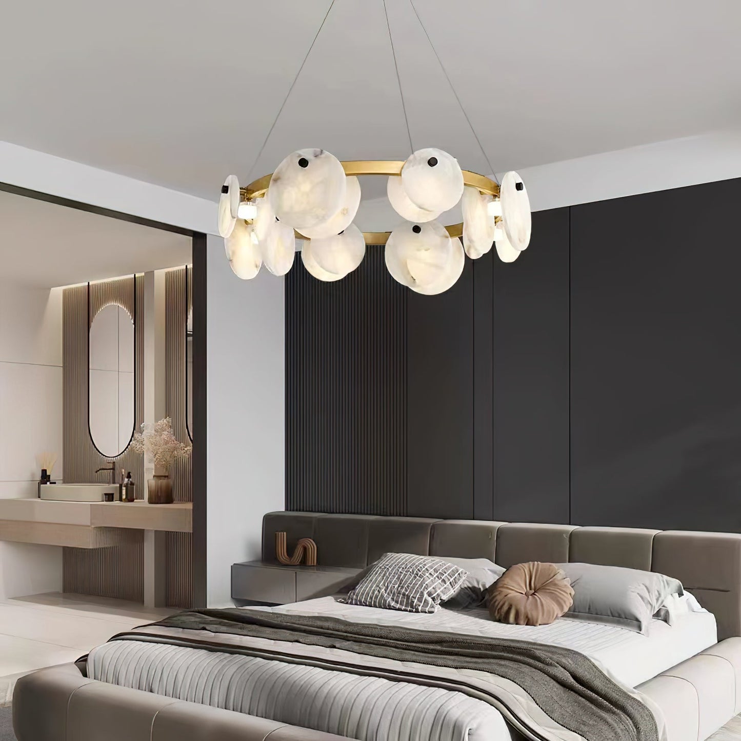Austen Chandelier | Modern Minimalist Brass & Natural Alabaster Disc Pendant