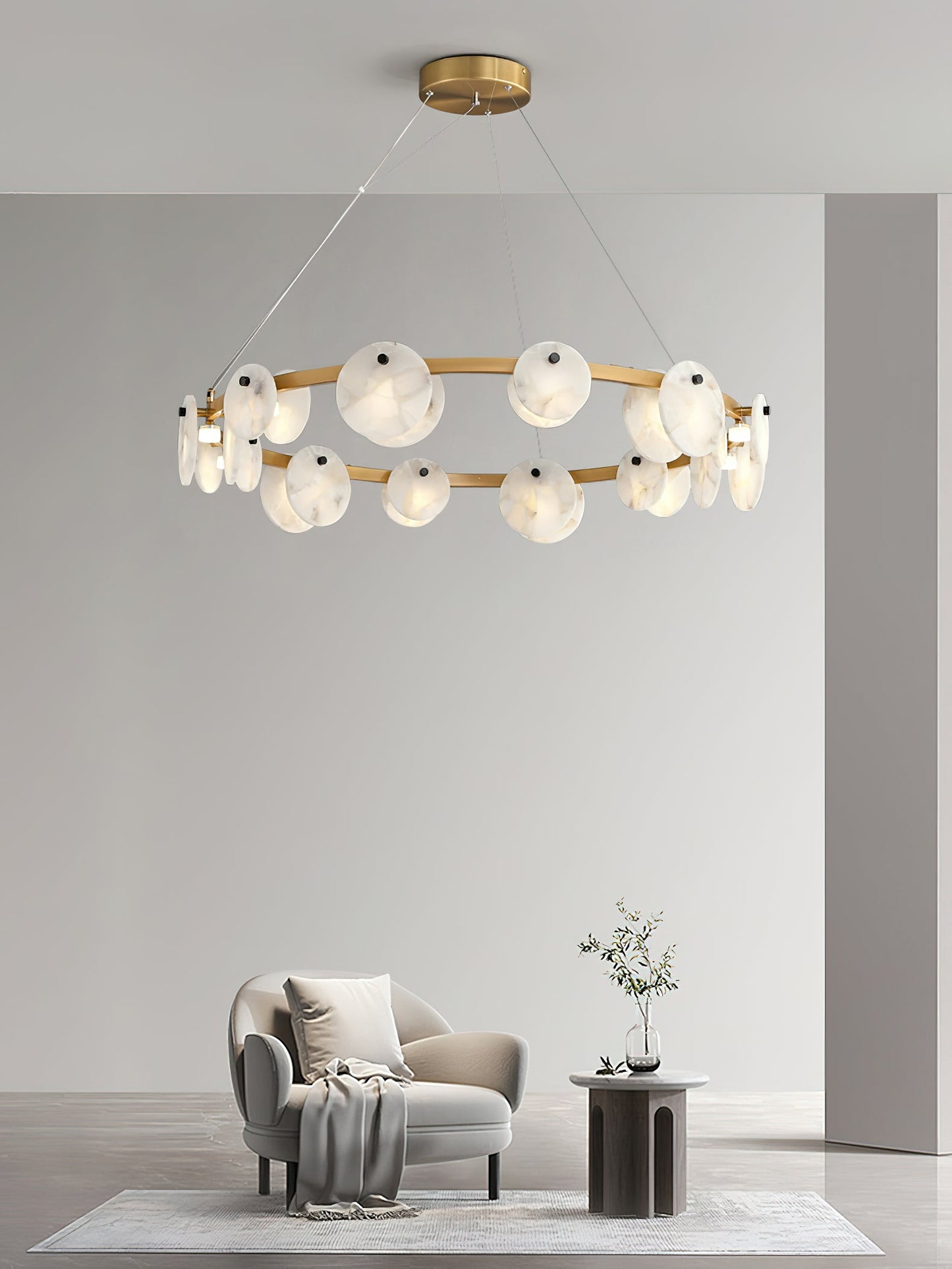 Austen Chandelier | Modern Minimalist Brass & Natural Alabaster Disc Pendant