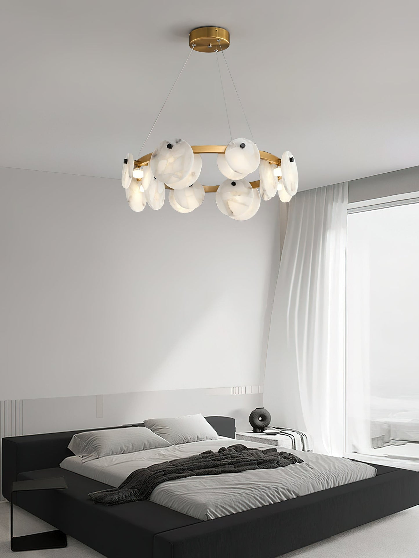 Austen Chandelier | Modern Minimalist Brass & Natural Alabaster Disc Pendant