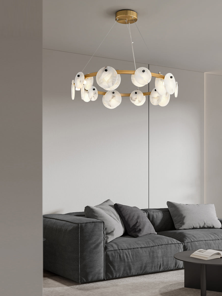 Austen Chandelier | Modern Minimalist Brass & Natural Alabaster Disc Pendant
