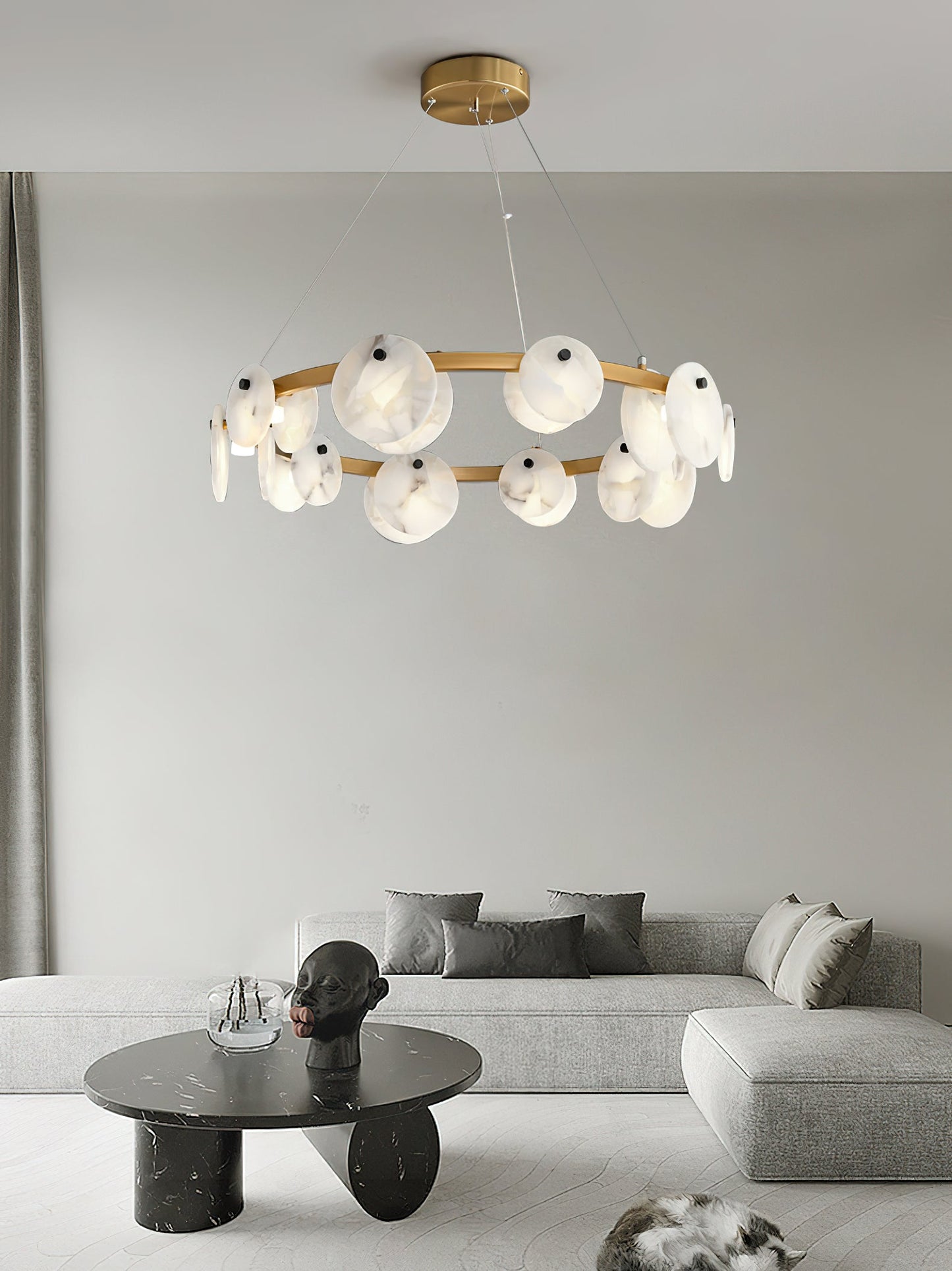 Austen Chandelier | Modern Minimalist Brass & Natural Alabaster Disc Pendant
