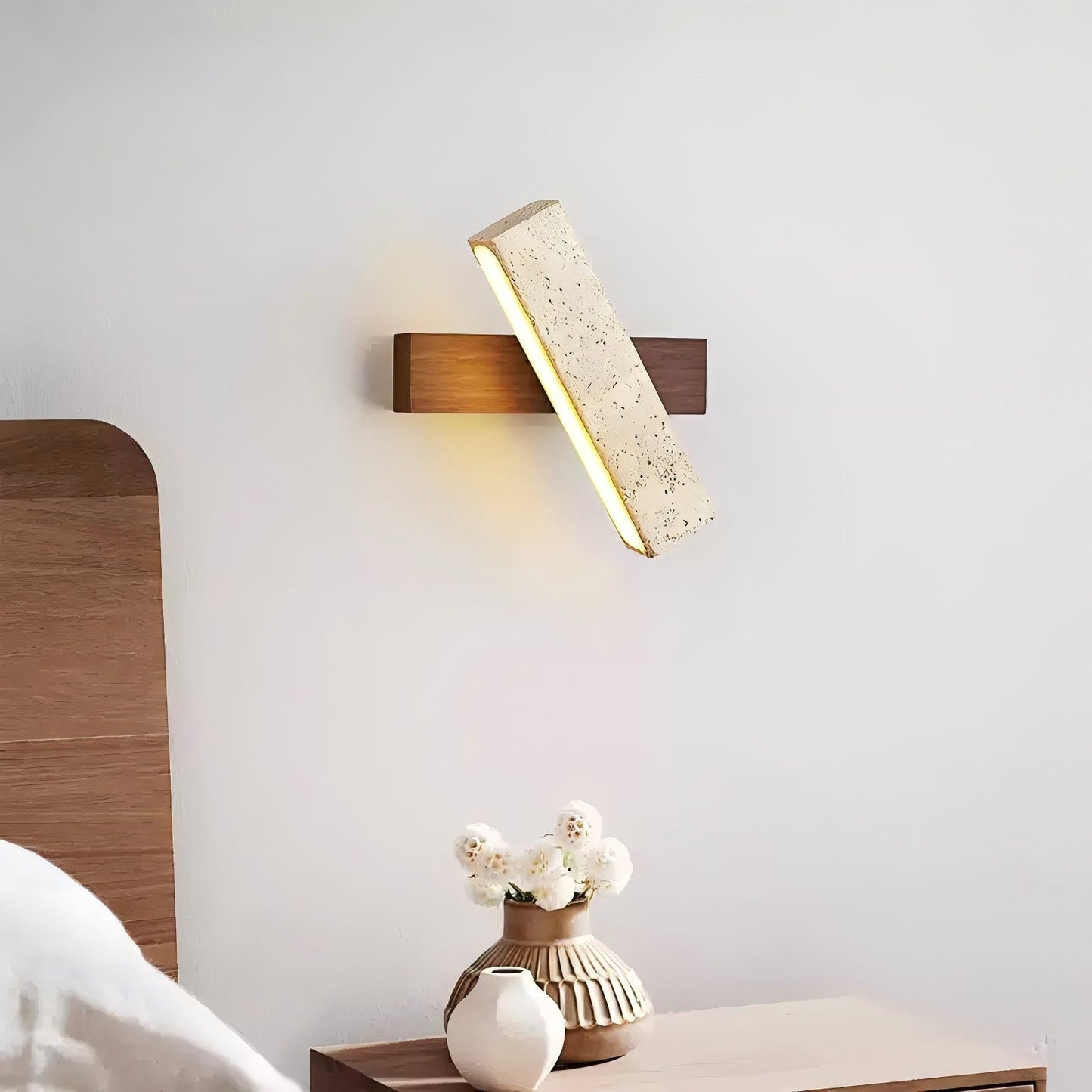 Axis Linear Wall Lamp | Modern Minimalist Travertine & Wood LED Sconce