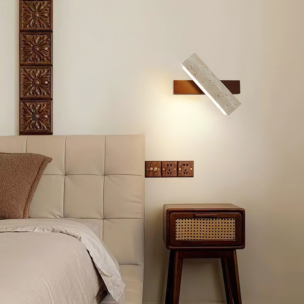 Axis Linear Wall Lamp | Modern Minimalist Travertine & Wood LED Sconce