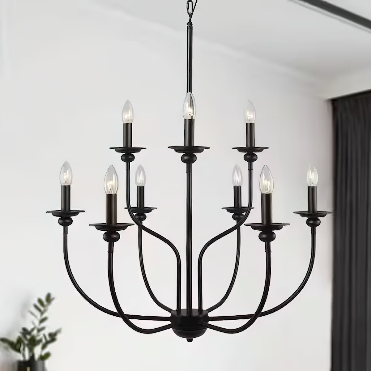 Ayada Chandelier | Modern 9-Light Matte Black Two-Tier Candelabra
