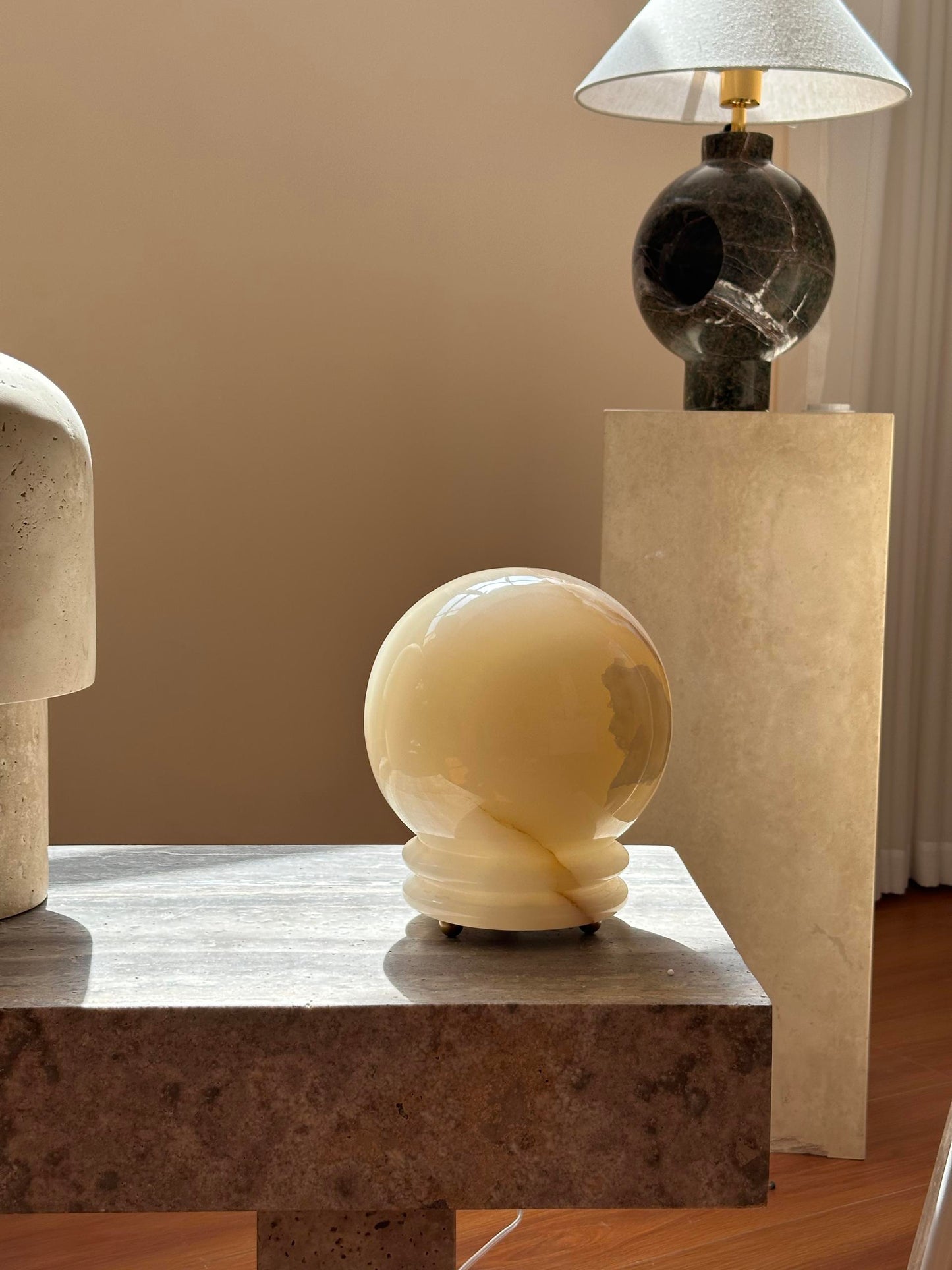 Ayesha Natural Jade Table Lamp | Luxury Stone Globe Ribbed Base Light