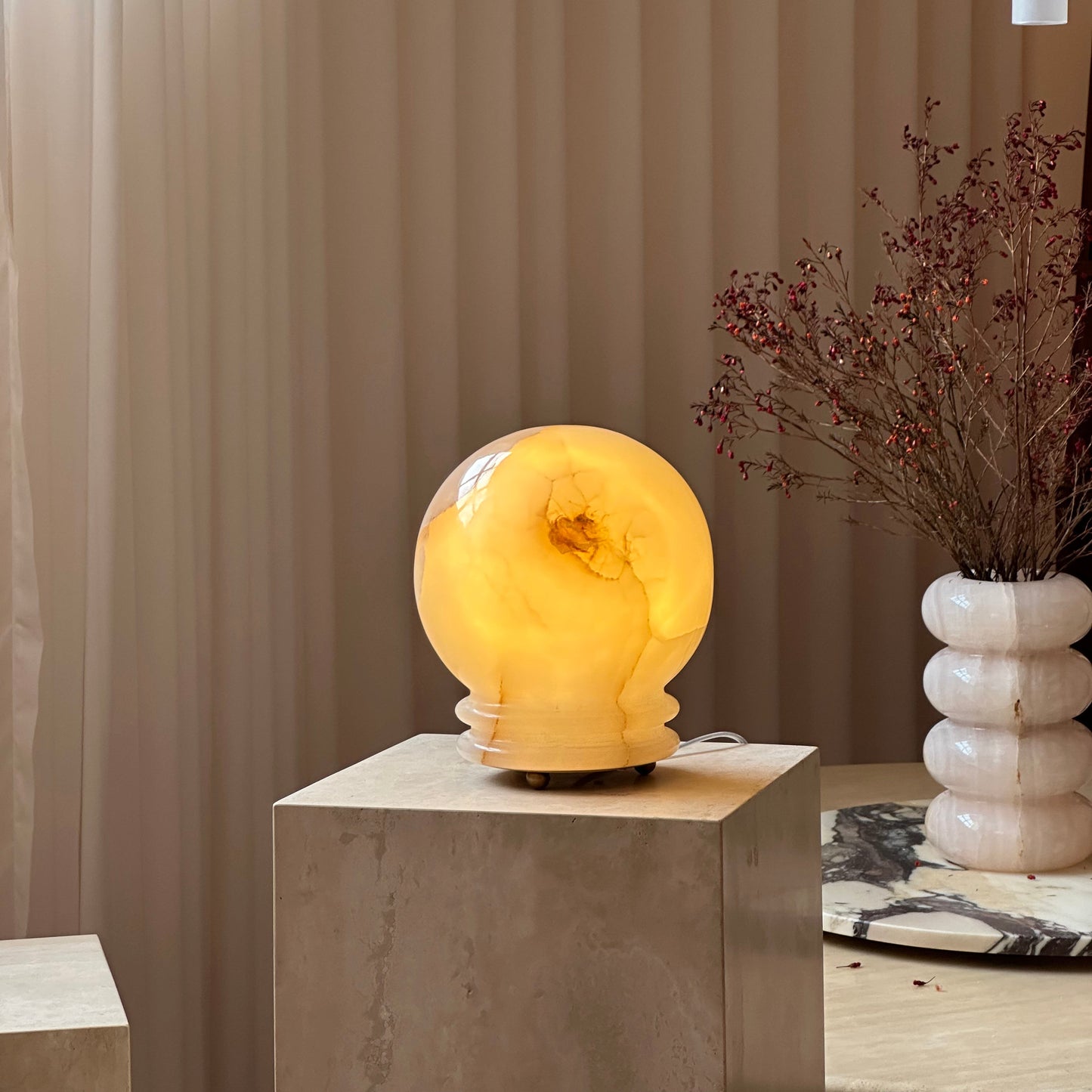 Ayesha Natural Jade Table Lamp | Luxury Stone Globe Ribbed Base Light