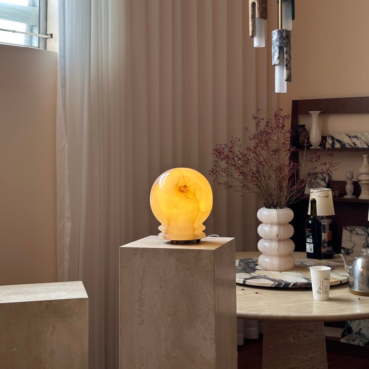 Ayesha Natural Jade Table Lamp | Luxury Stone Globe Ribbed Base Light