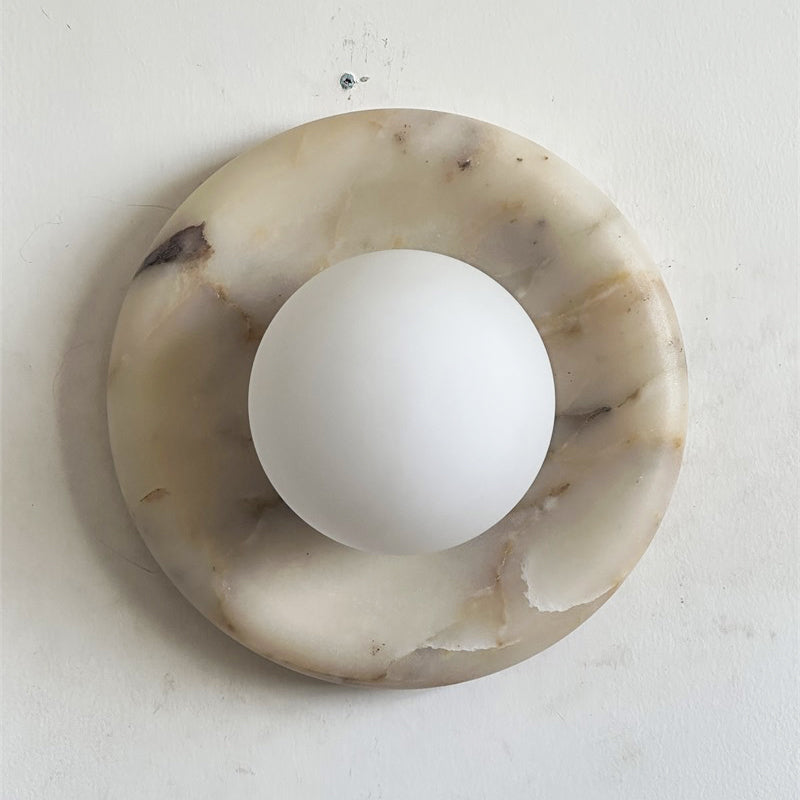 Orli Beige Marble Sconce - Curved Natural Cream Stone & Glass Globe Sconce