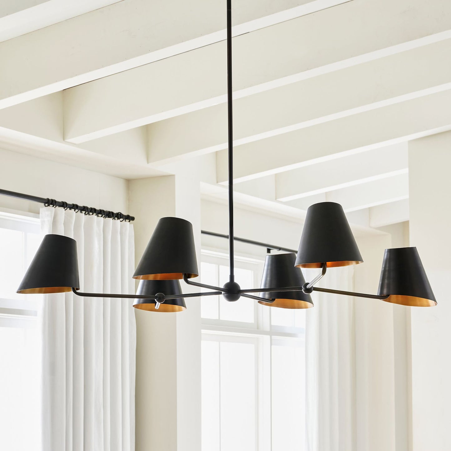 Witting Mid-Century Modern Linear Chandelier - 6-Light Black & Brass Hanging Island Light | Sloped Ceiling Compatibl