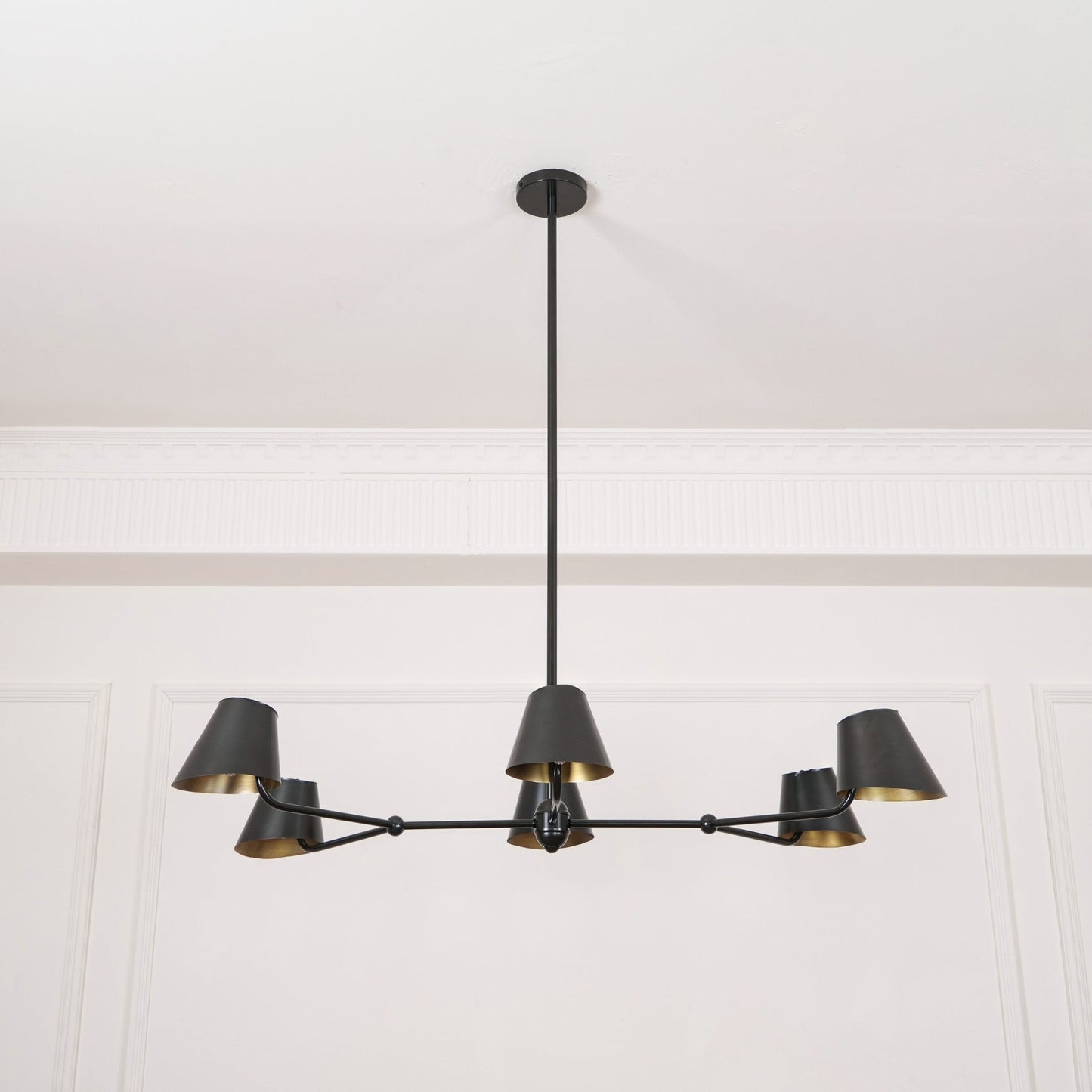 Witting Mid-Century Modern Linear Chandelier - 6-Light Black & Brass Hanging Island Light | Sloped Ceiling Compatibl