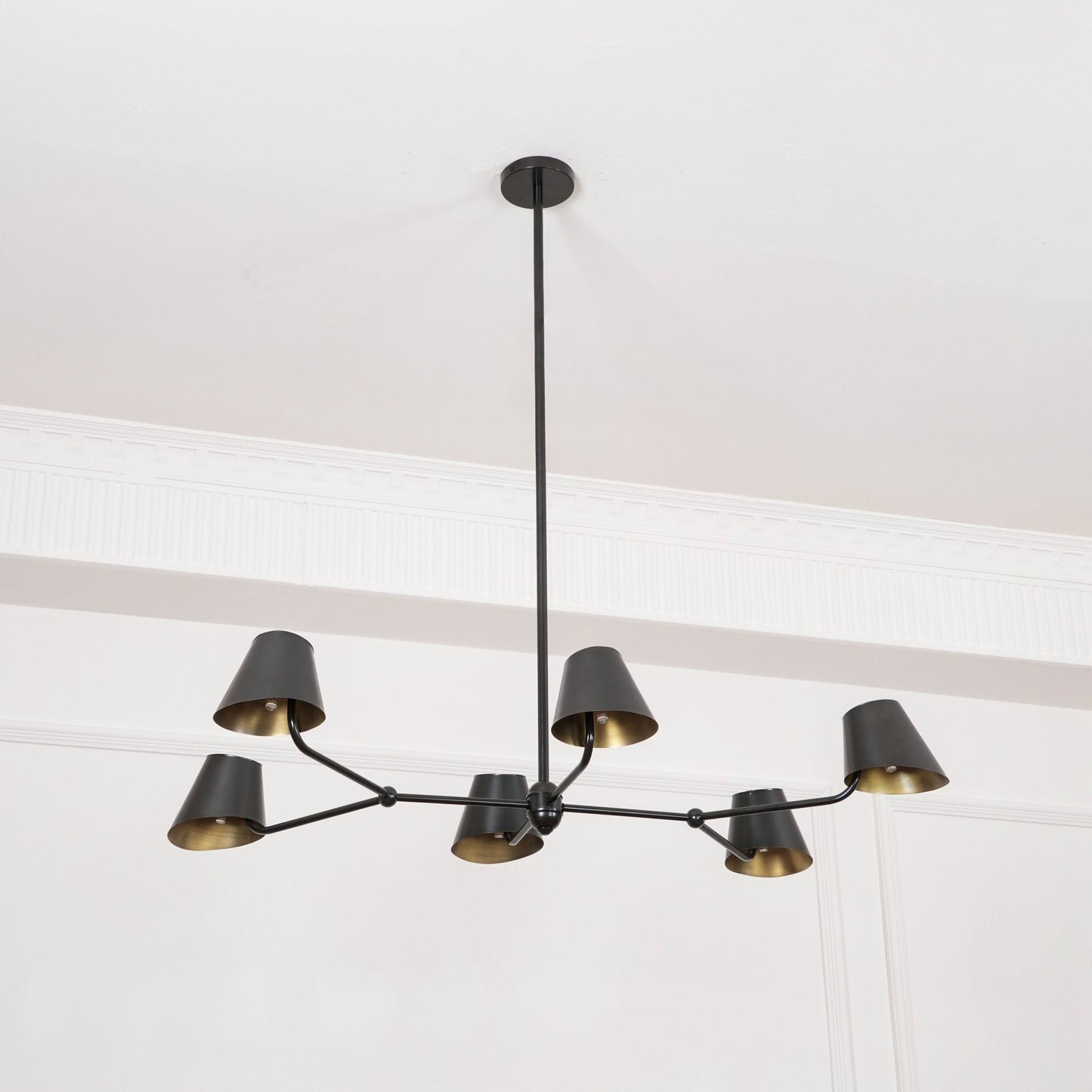 Witting Mid-Century Modern Linear Chandelier - 6-Light Black & Brass Hanging Island Light | Sloped Ceiling Compatibl