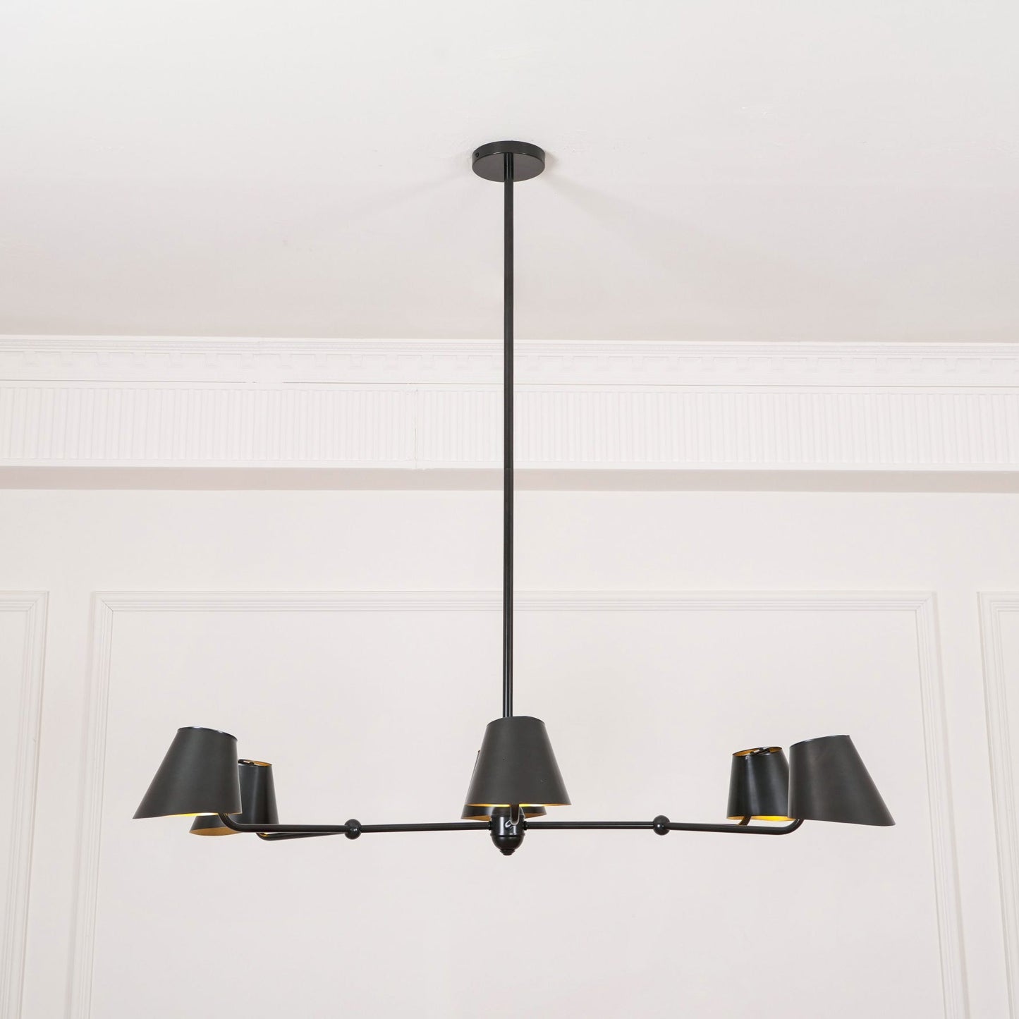 Witting Mid-Century Modern Linear Chandelier - 6-Light Black & Brass Hanging Island Light | Sloped Ceiling Compatibl