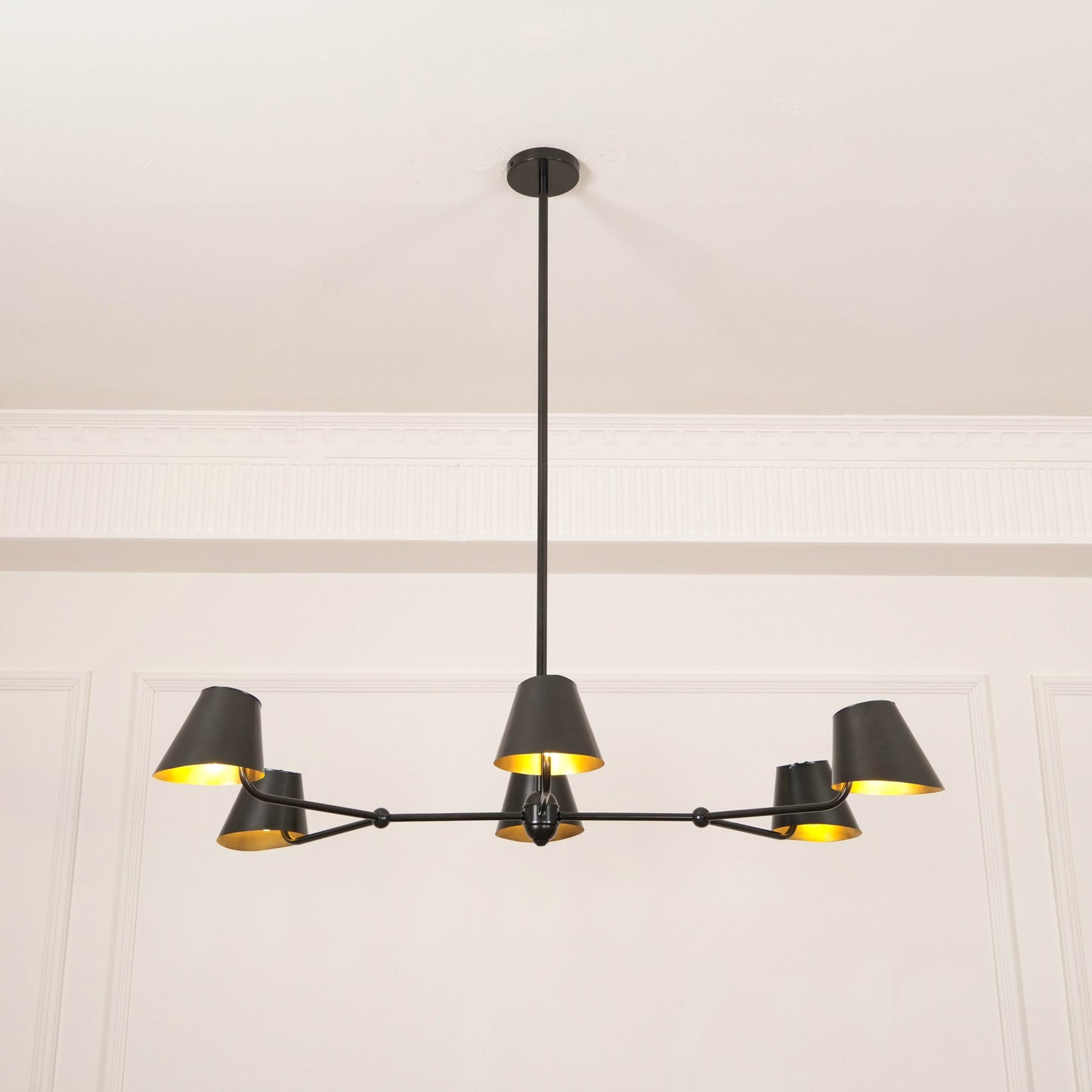 Witting Mid-Century Modern Linear Chandelier - 6-Light Black & Brass Hanging Island Light | Sloped Ceiling Compatibl