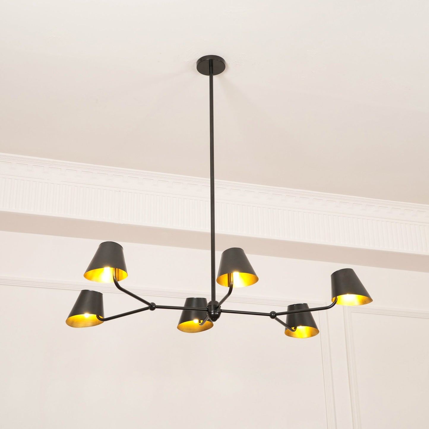 Witting Mid-Century Modern Linear Chandelier - 6-Light Black & Brass Hanging Island Light | Sloped Ceiling Compatibl