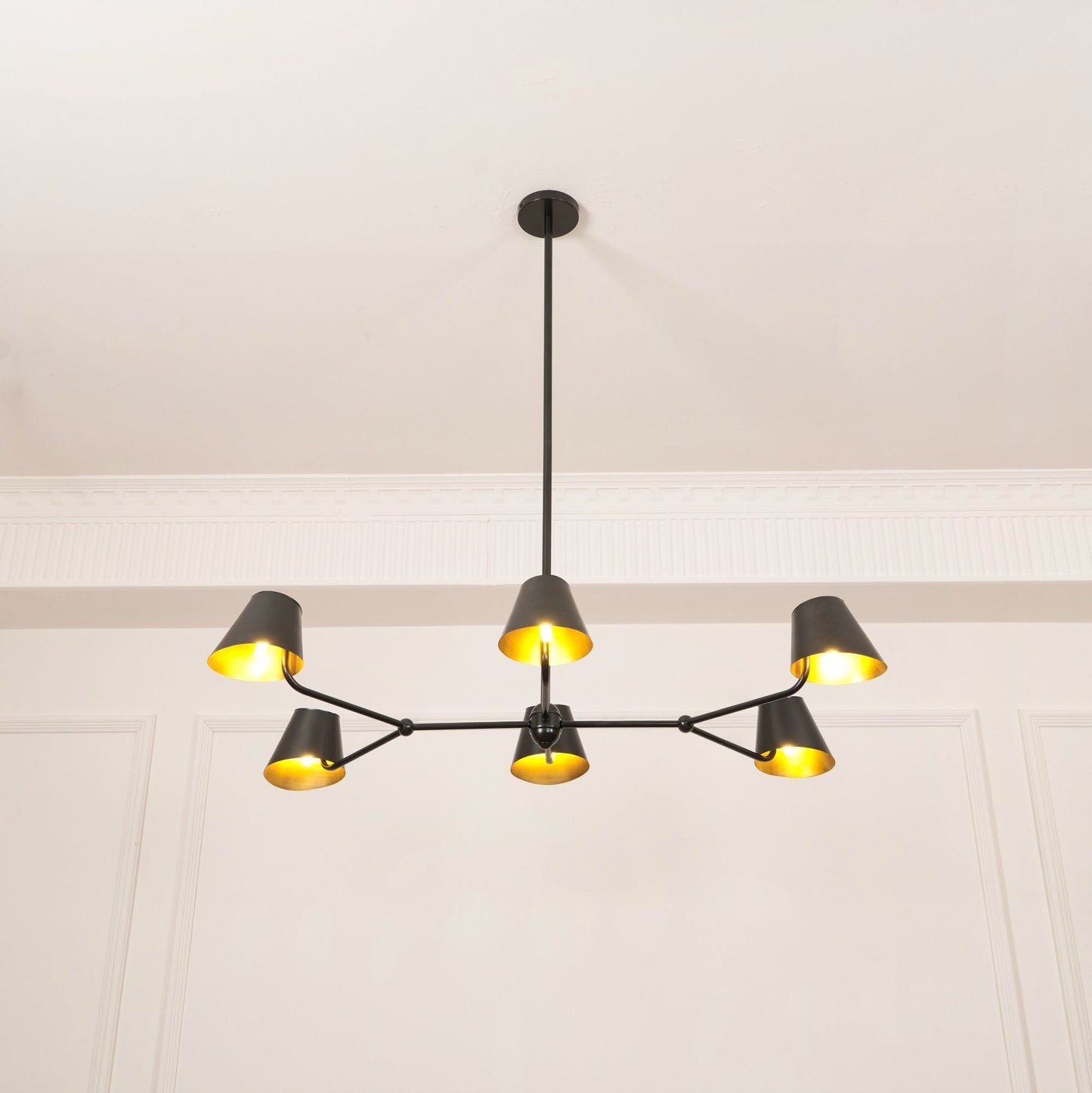 Witting Mid-Century Modern Linear Chandelier - 6-Light Black & Brass Hanging Island Light | Sloped Ceiling Compatibl