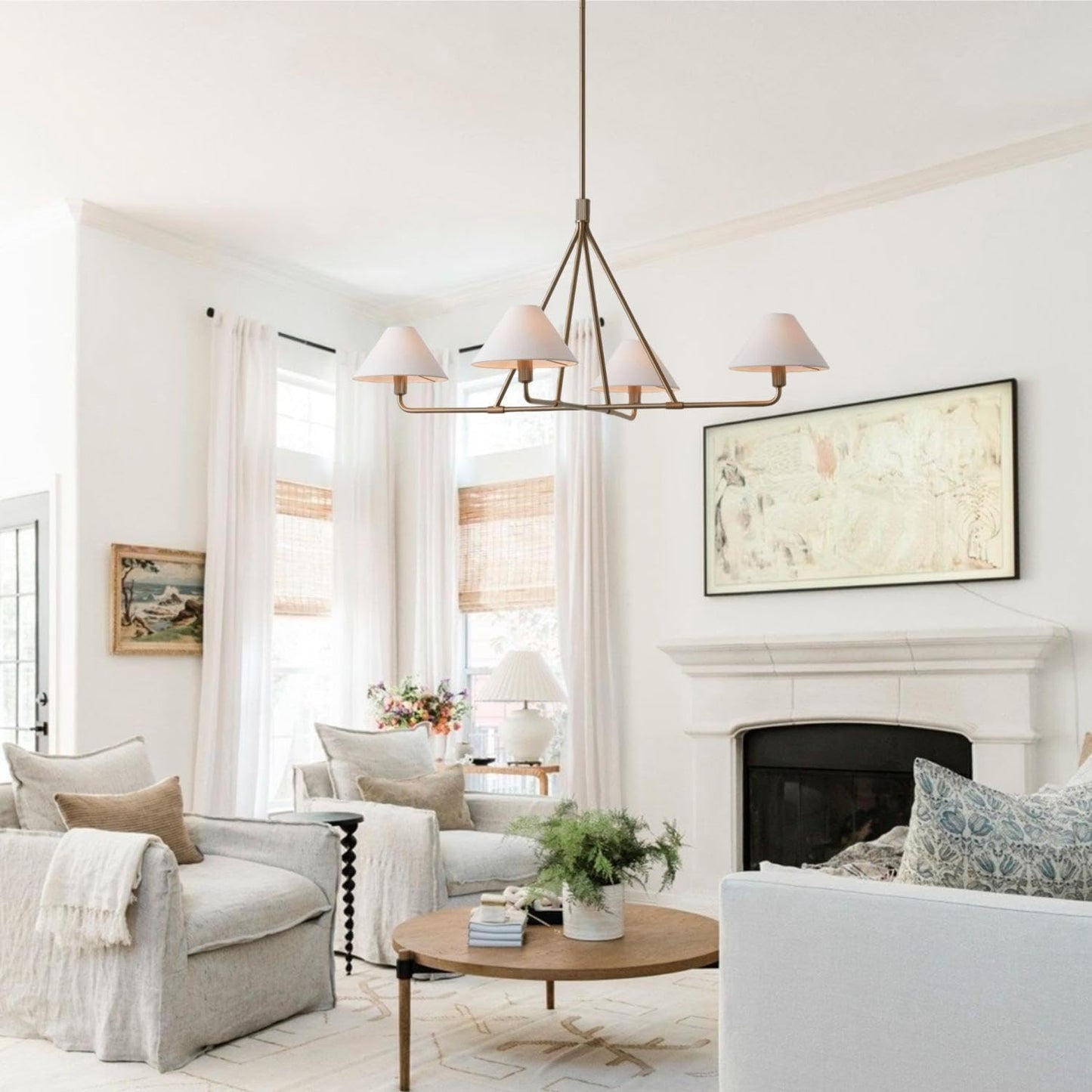 Beatrix Linear Chandelier | Modern Brass & Fabric Shade Island Light