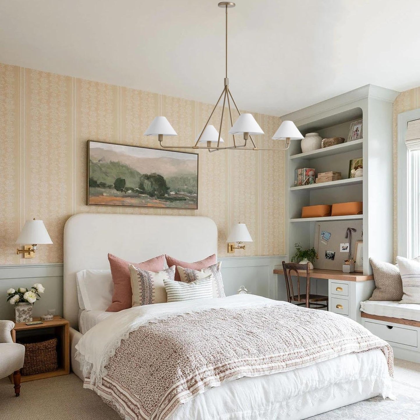 Beatrix Linear Chandelier | Modern Brass & Fabric Shade Island Light